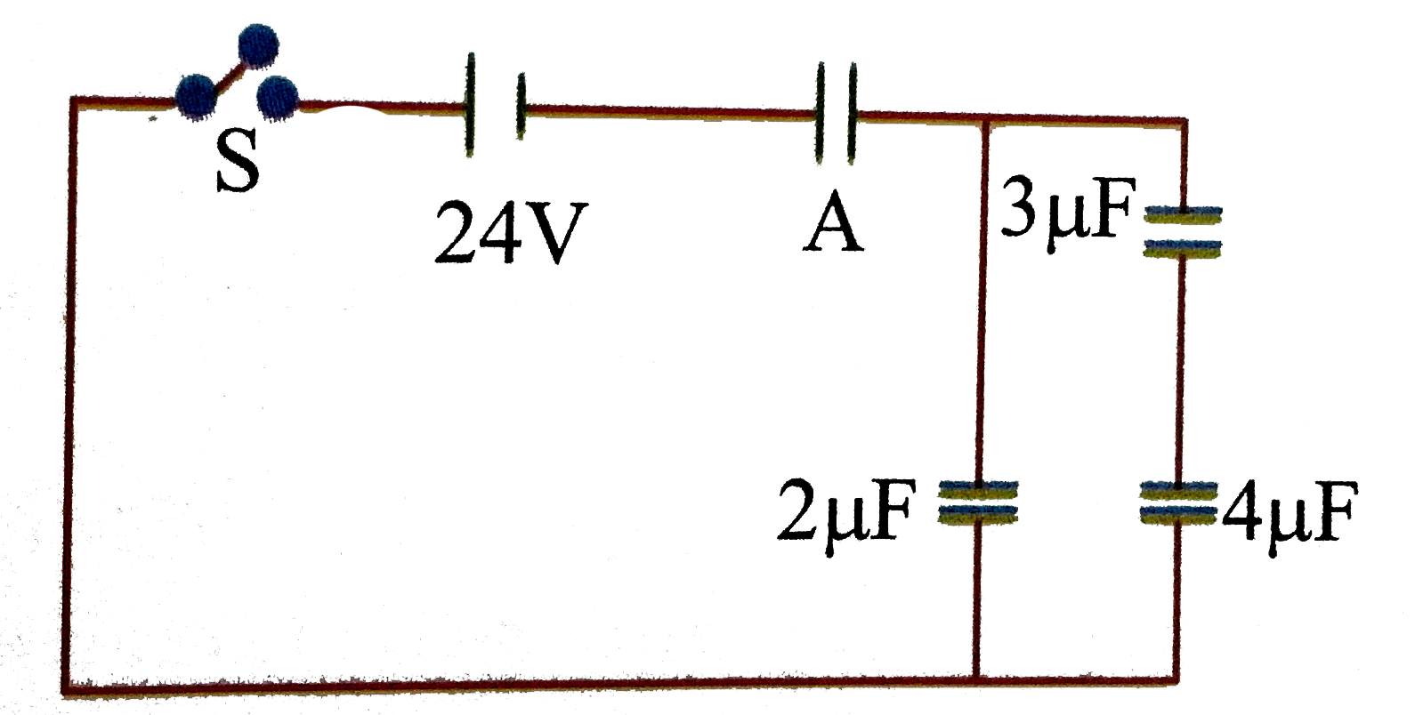 Four capacitor and a battery of emf 24 V are connected as shown in the figure. Initially, S is open and the capacitors are uncharged. After S is closed and steady state is attained, the potential difference across the 4 mu f capacitor is 7.5 V. The capacitance in mu f of the capacitor A is.   .