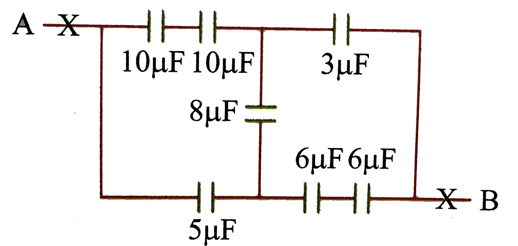 Seven capacitor are connected as shown in the figure.   .   The equivalent capacitance in muF between A and B is.