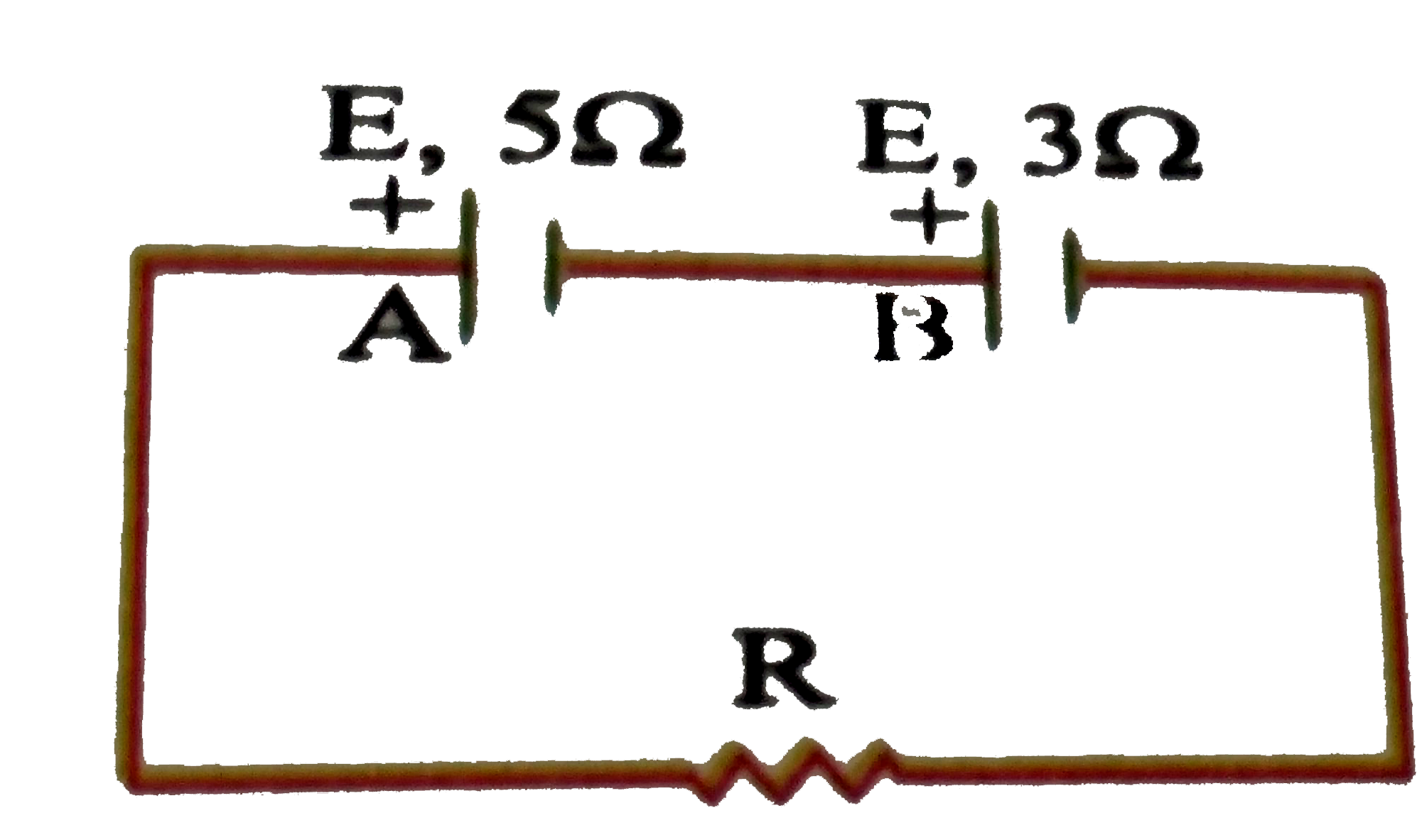 In the circuit shown here, cells A and B have emf 10 V each and the internal resistance is 5Omega for A and 3Omega for B. For what value of R will the potential difference across thhe cell A will be zero?