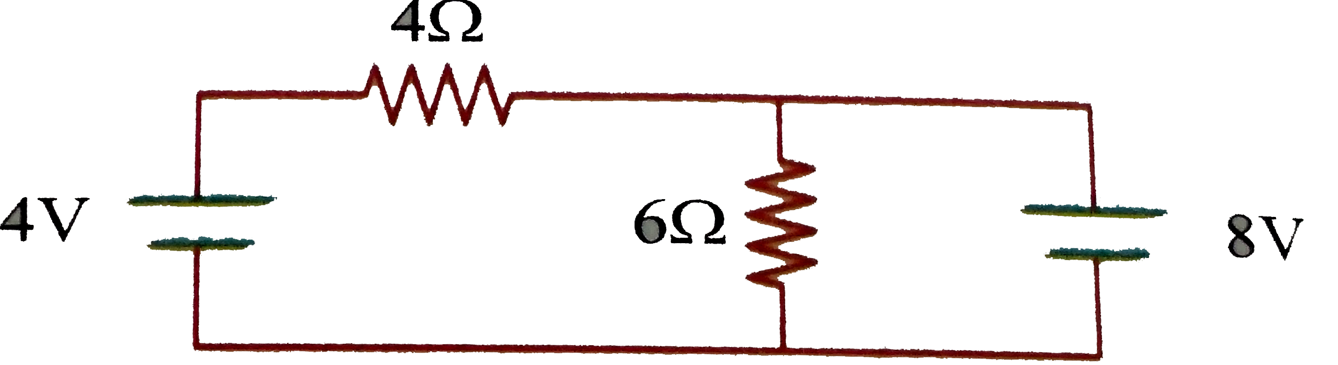 Two cells of emf 4 V and 8 V are connected to two resistor 4Omega and 6Omega as shown. If 8 V cell is short circuited. Then current through resistance 4Omega and 6Omega