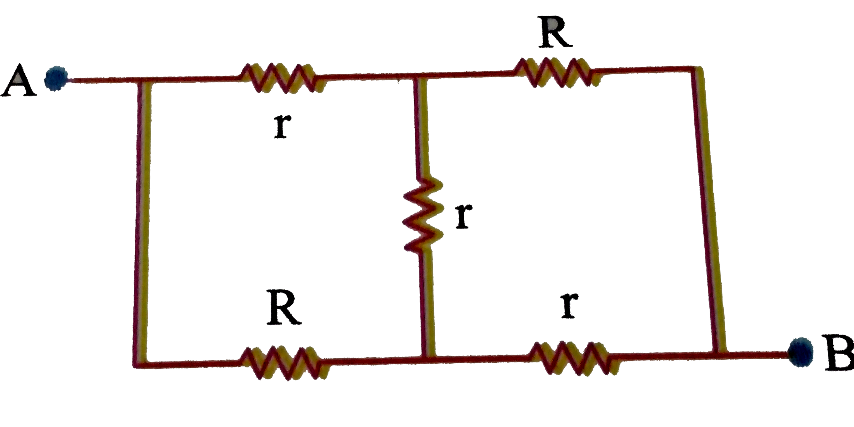 Equivalent resistace across A and B in the given circuit if r=10Omega,R=20Omega is