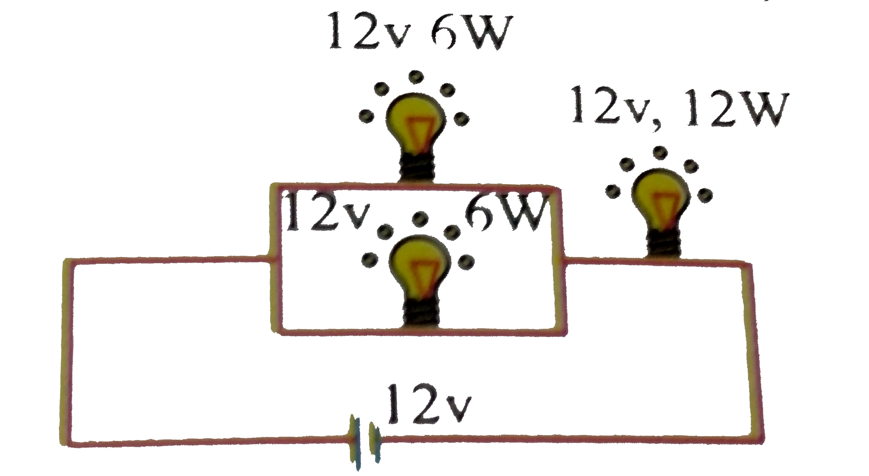 Three bulbs with their power and working voltage are connected as shown in the circuit diagram to a 12 V battery. The total power consumed by the bulbs is (ignore the internal resistance of the battery shown)