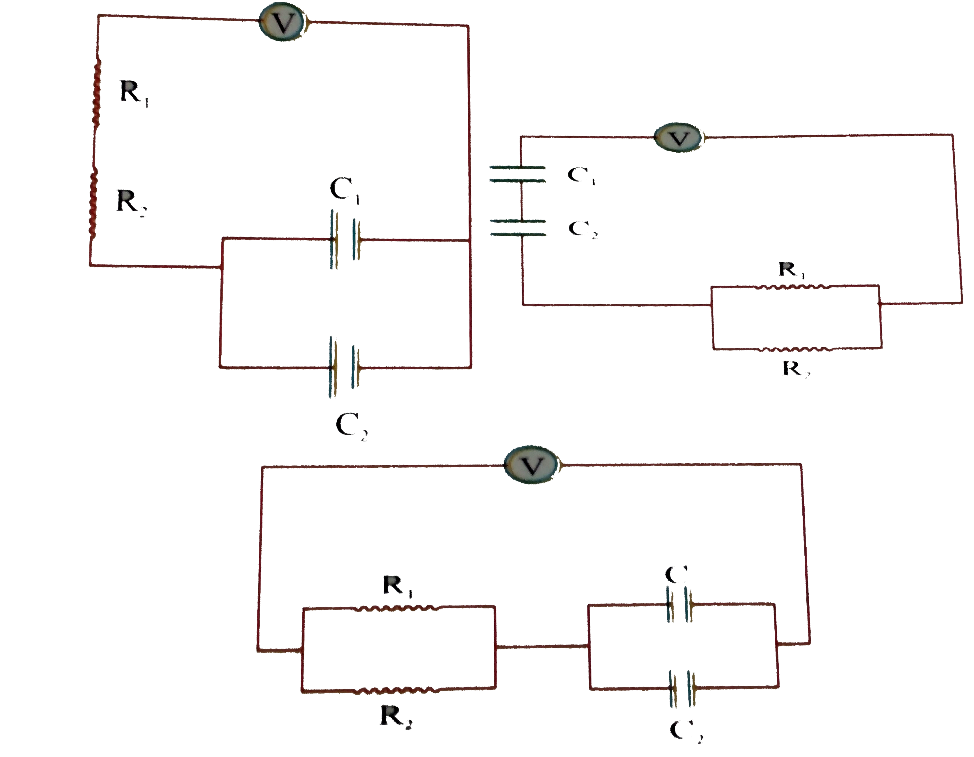 Find the time constant for the given RC circuits in correct order (in mus)   R(1)=1Omega,R(2)=2Omega,C(1)=4muF,C(2)=2muF