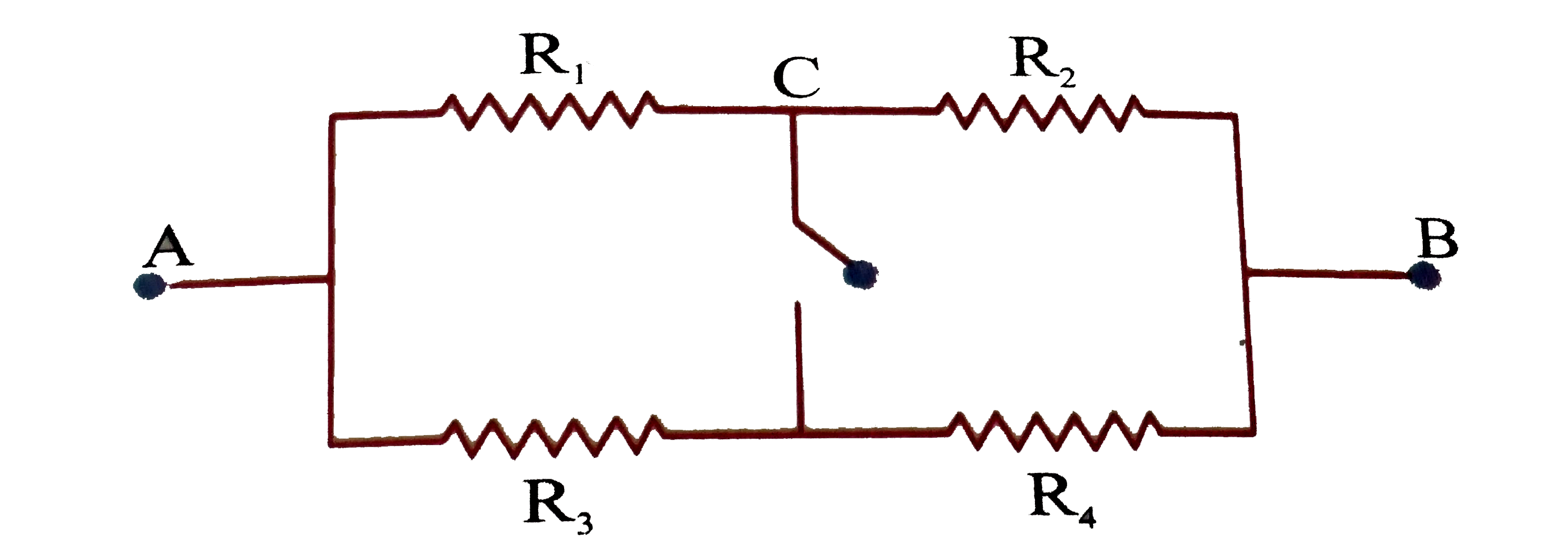 Four resistors R(1),R(2),R(3) and R(4) are connected between two terminals A and B iin a network as shown in the diagram. A key K can connect the two points (see diagram) C and D. A constant potential difference (V(A)-V(B))=V is maintained between thhe points A and B   Q. If V=25,R(1)=1Omega,R(2)=2Omega,R(3)=3Omega and R(4)=4Omega the current that will flow from C to D on connecting key K is