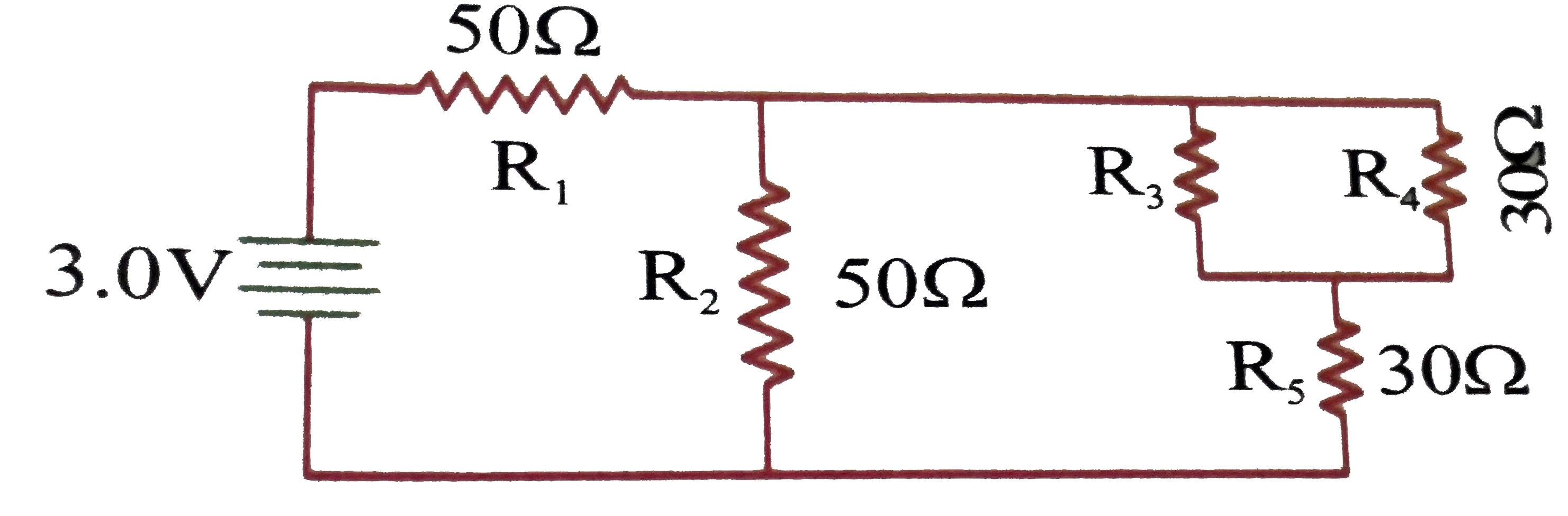 In the circuit shown, the resistances are given in ohms and the battery is assumed ideal withh emf equal to 3.0 volts.   Q. The resistor that dissipates maximum power