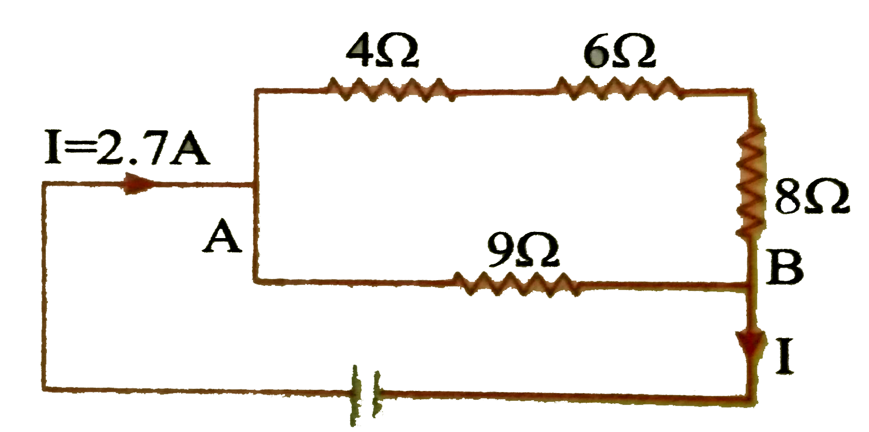 Find potential difference between points A and B of the network shown in fig. and distribution of given main current through different resistors.