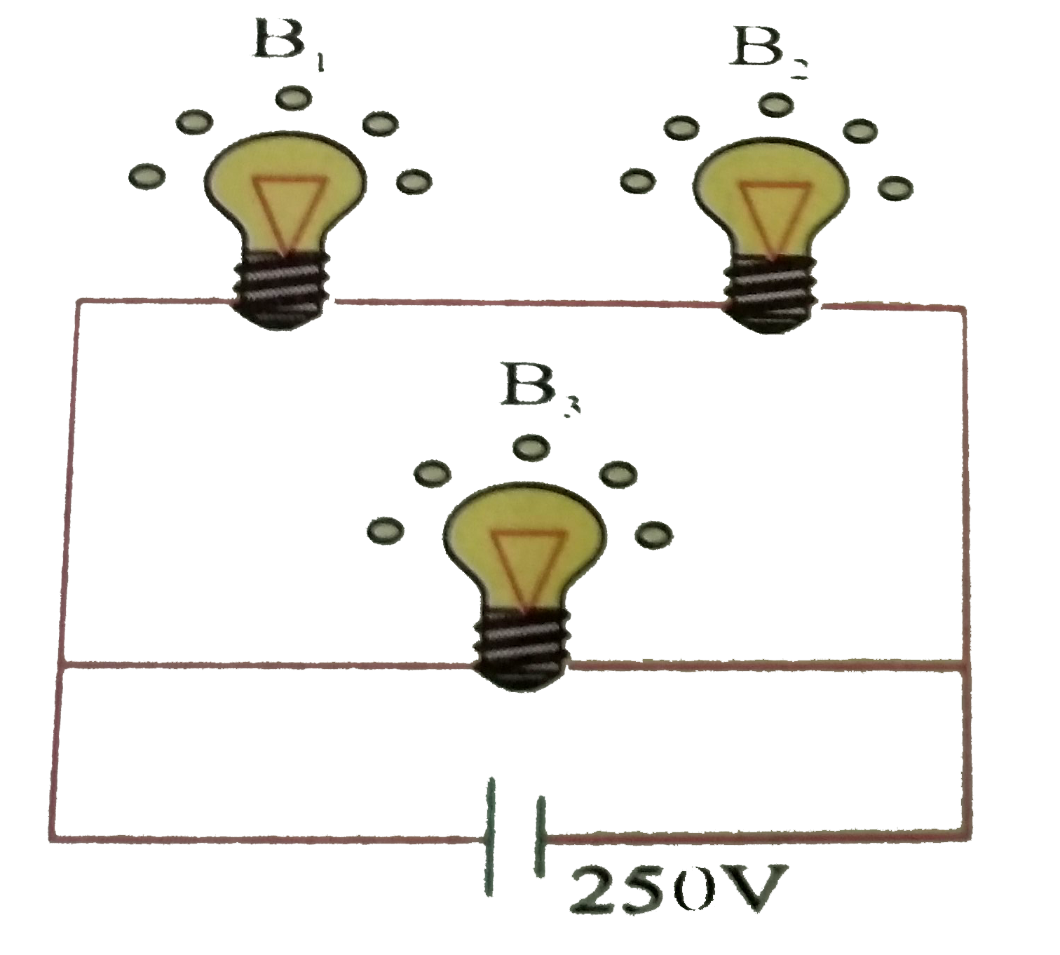 A 100 W bulb B(1) and two 60 W bulbs B(2) and B(3), are connected to a 250V source, as shown in the figure now W(1),W(2) and W(3) are the output powers of the bulbs B(1),B(2) and B(3) respectively then