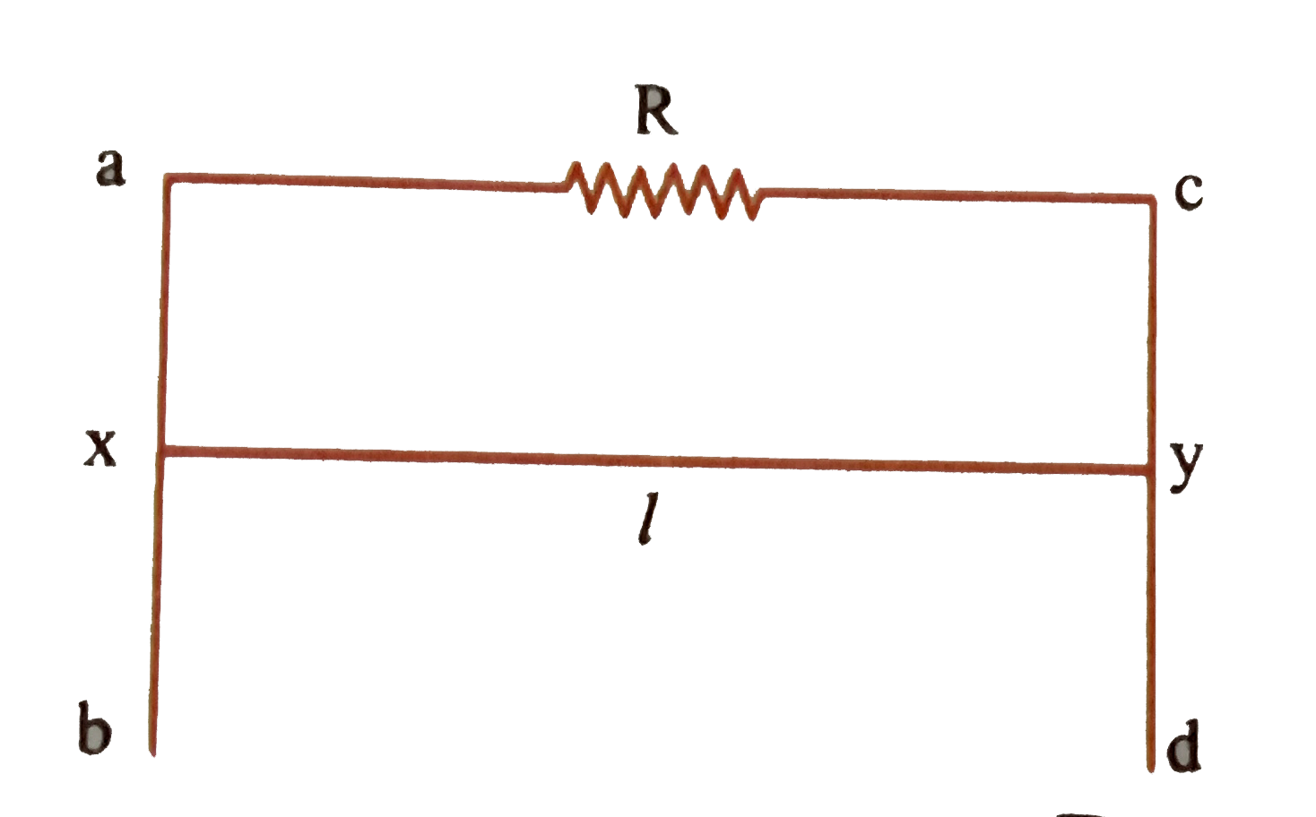 A conducting wire xy of lentgh l and mass m is sliding without friction on vertical conduction rails ab and cd as shown in figure. A uniform magnetic field B exists perpendicular to the plane of the rails, x moves with a constant velocity of