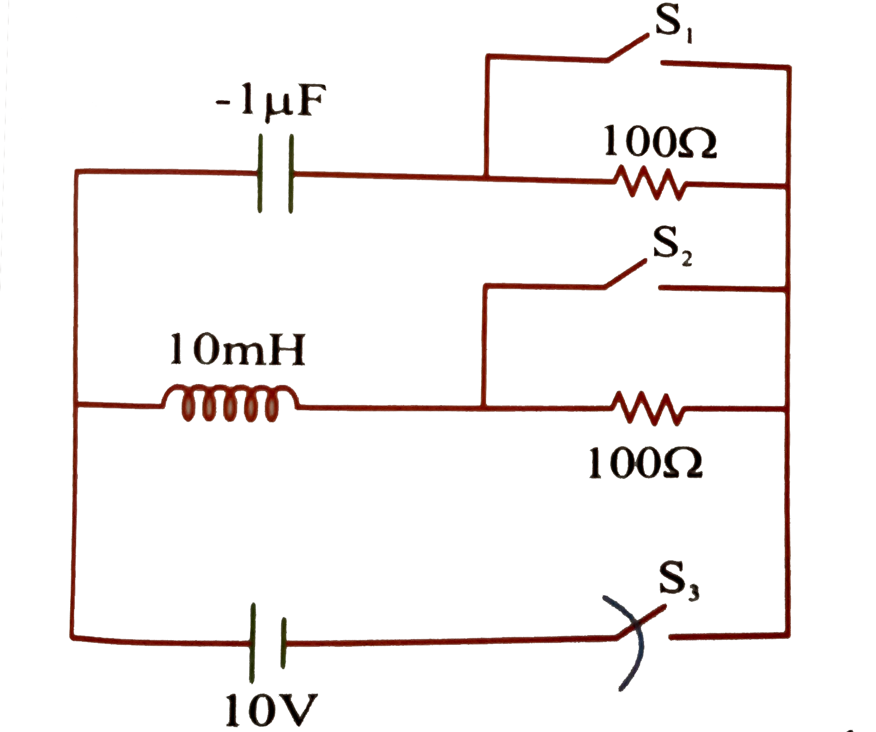Switches S(1), S(2) remain open and switch S(3) remains closed for long time such that capacitor becomes fully charged and current in inductor coil becomes maximum, Now switches S(1), S(2) are simultaneously closed andS(3) in simultaneously opened at t=0   Assume that battery and inductor coil are ideal      Maximum current in the inductor coil at any times t gt 0