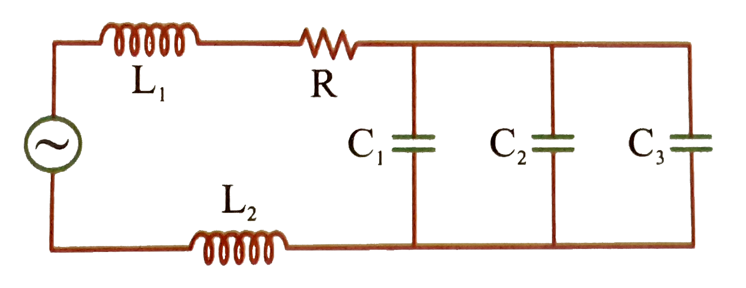 A generator with an adjustable frequency of oscillaton is connected to resistance, R = 1000 Omega, inductance, L(1) = 1.7 mH and L(2) = 2.3 mH and capacitance, C(1) = 4 mu F, C(2) = 2.5 mu F and C(3) = 3.5 mu F. The resonant angular frequency of the circuit is