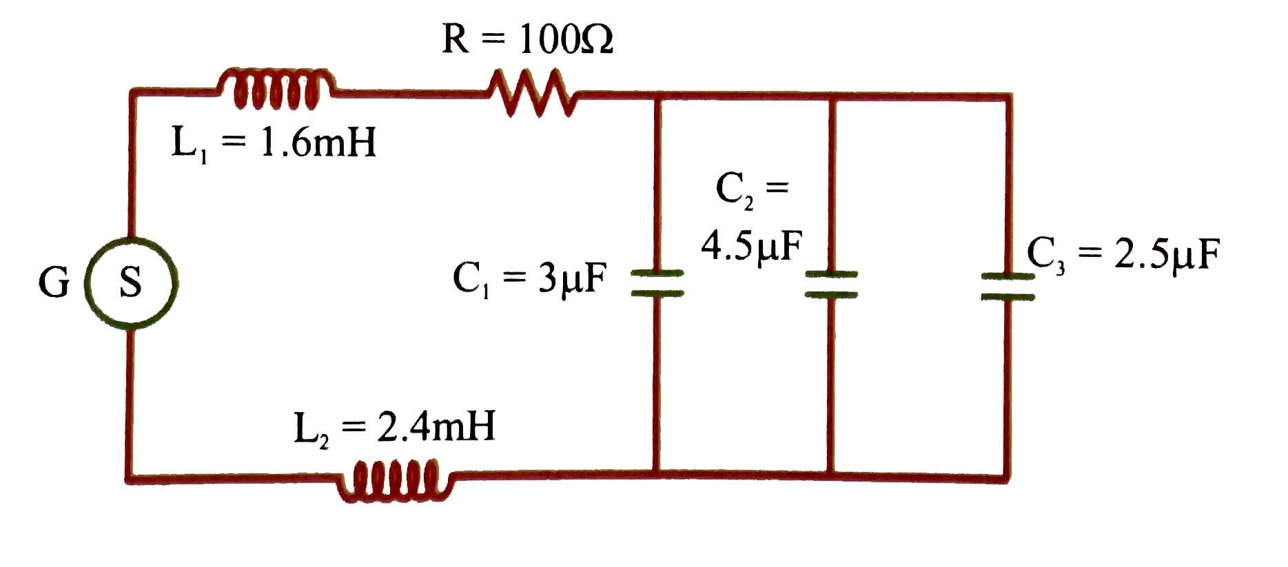 An ac generator G with an adjustable frequency of oscillation is used in the circuit, as shown.      If the ac source G is 100 V rating at resonant frequency of the circuit, then average power supplied by the source is