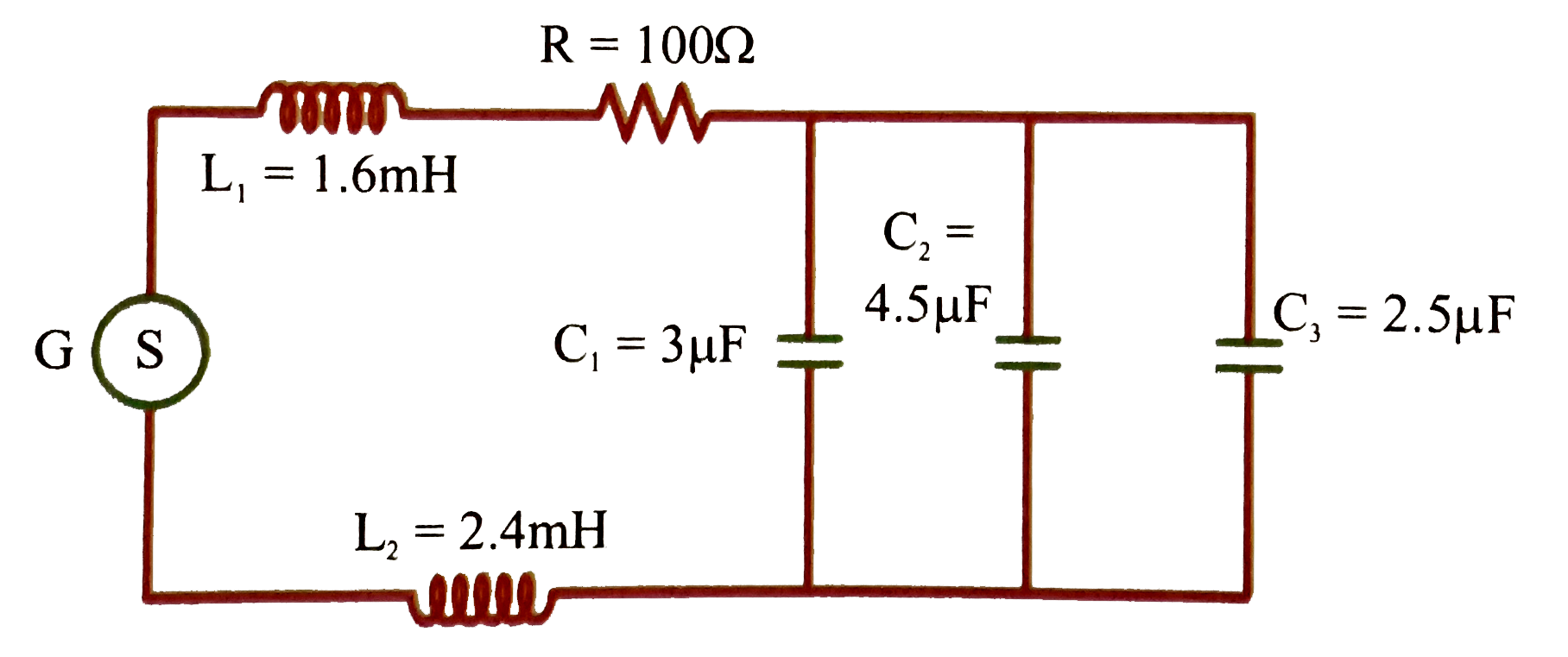 An ac generator G with an adjustable frequency of oscillation is used in the circuit, as shown.       Average energy stored by the inductor L(2) (source is at resonance frequency) is equal to