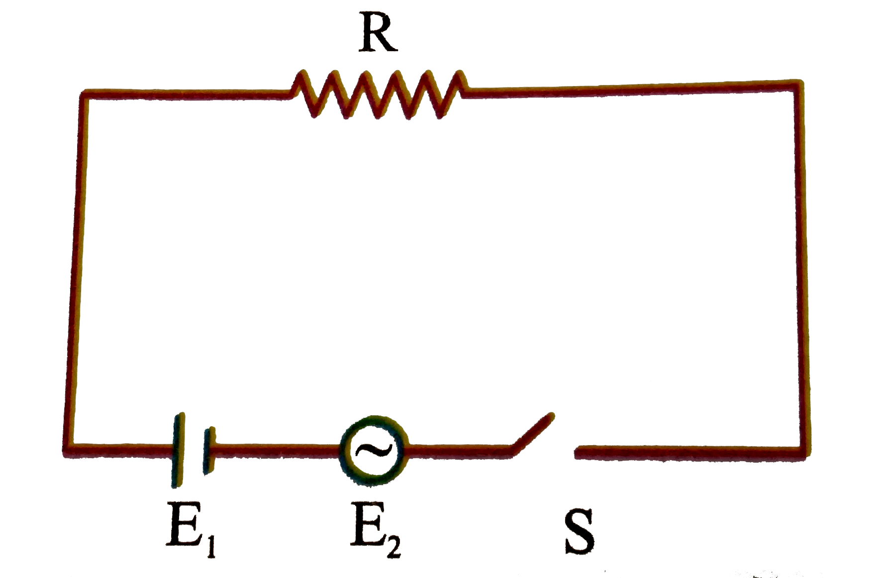 In the circuit shown in the figure R = 50 Omega, E(1) = 25 sqrt(3) volt and E(2) = 25 sqrt(6) sin omega t volt where omega = 100 pi s^(-1). The switch is closed at time t = 0 and remains closed for 14 minutes, then it is opened.   Find the amount of heat produced in the resistor