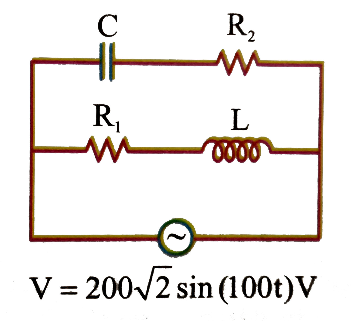 In the circuit shown in figure :   R = 10 Omega , L = (sqrt(3))/(10) H, R(2) = 20 Omega and C = (sqrt(3))/(2) mF. Current in L - R(1) circuit is I(1) in C - R(1) circuit is I(2) and the main current is I      At some instant current in L - R(1) circuit is 10 A. At the same instant current in C - R(2) branch will be