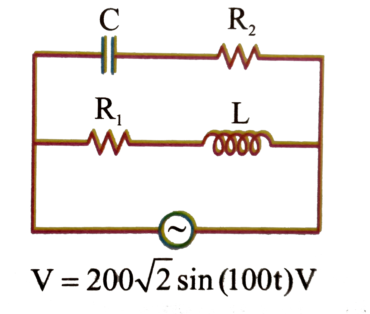 In the circuit shown in figure :   R = 10 Omega , L = (sqrt(3))/(10) H, R(2) = 20 Omega and C = (sqrt(3))/(2) mF. Current in L - R(1) circuit is I(1) in C - R(1) circuit is I(2) and the main current is I      At some instant I(1) in the circuit is 10 sqrt(2) A, then at this instant current I will be