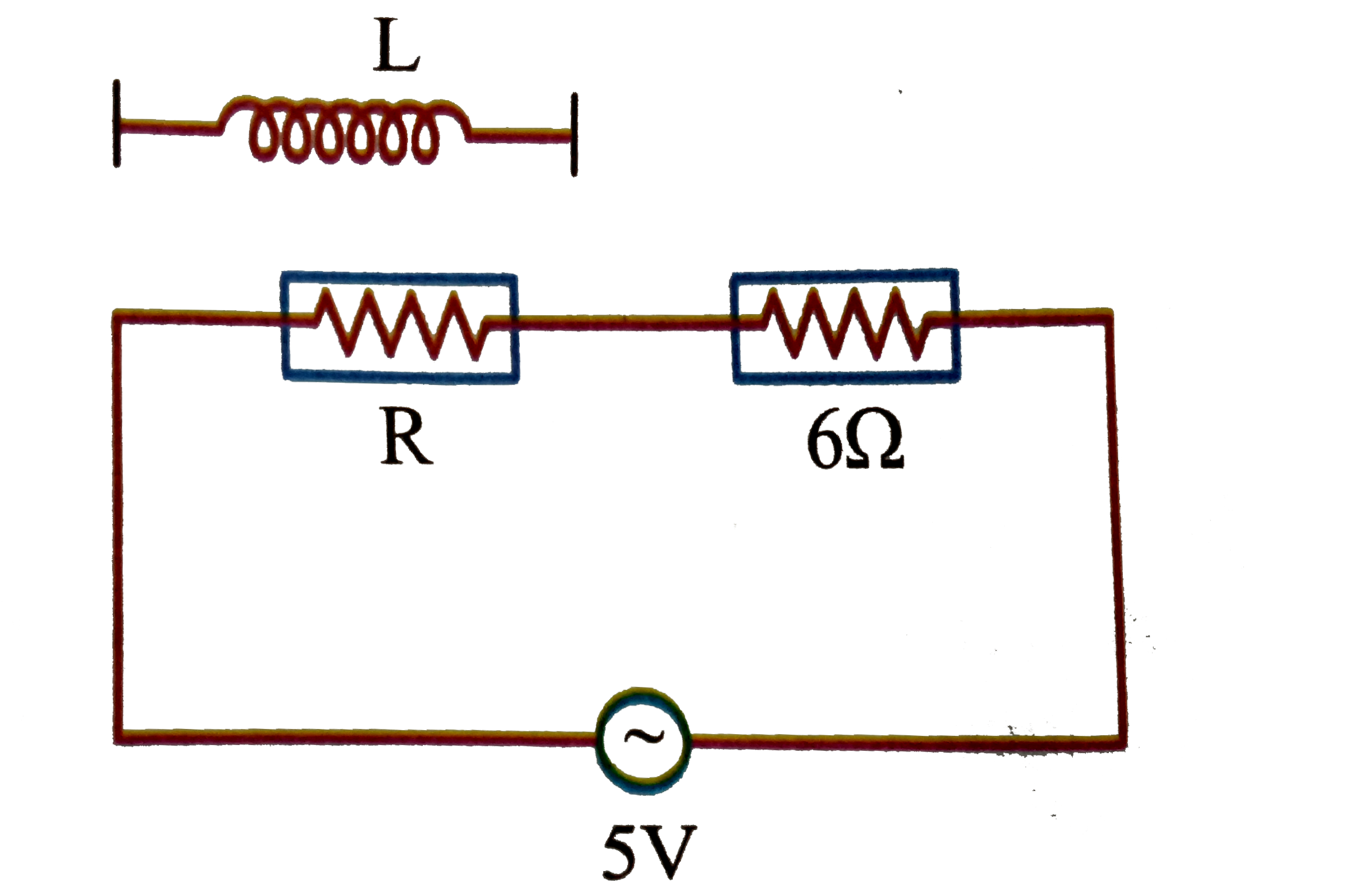 Two resistors are connected in series across 5V rms source of alternating potentail. The potential difference across 6 Omega resistor is 3 V(m). If R is replaced by a pure inductor L of such magnitude that current remains same, then the potential difference across L is