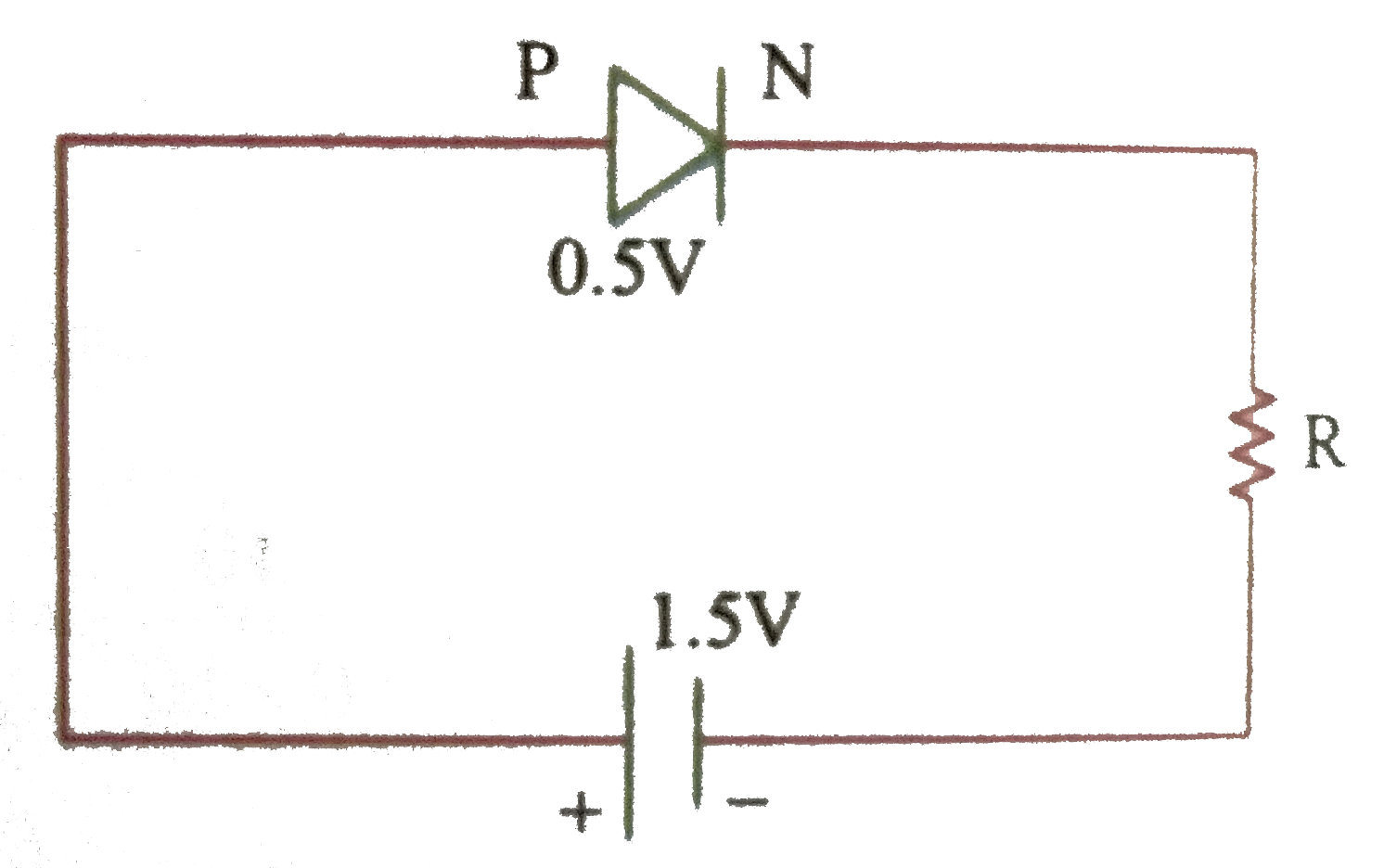 A PN junction diode when forward biased has a drop of 0.5 V which is assumed to be independent of current. The current in excess of 10 mA through the diode produces large joule heating which damages the diode. If we diode, the resistor used in series with the diode so that the maximum current does not exceed 5 mA is.   .