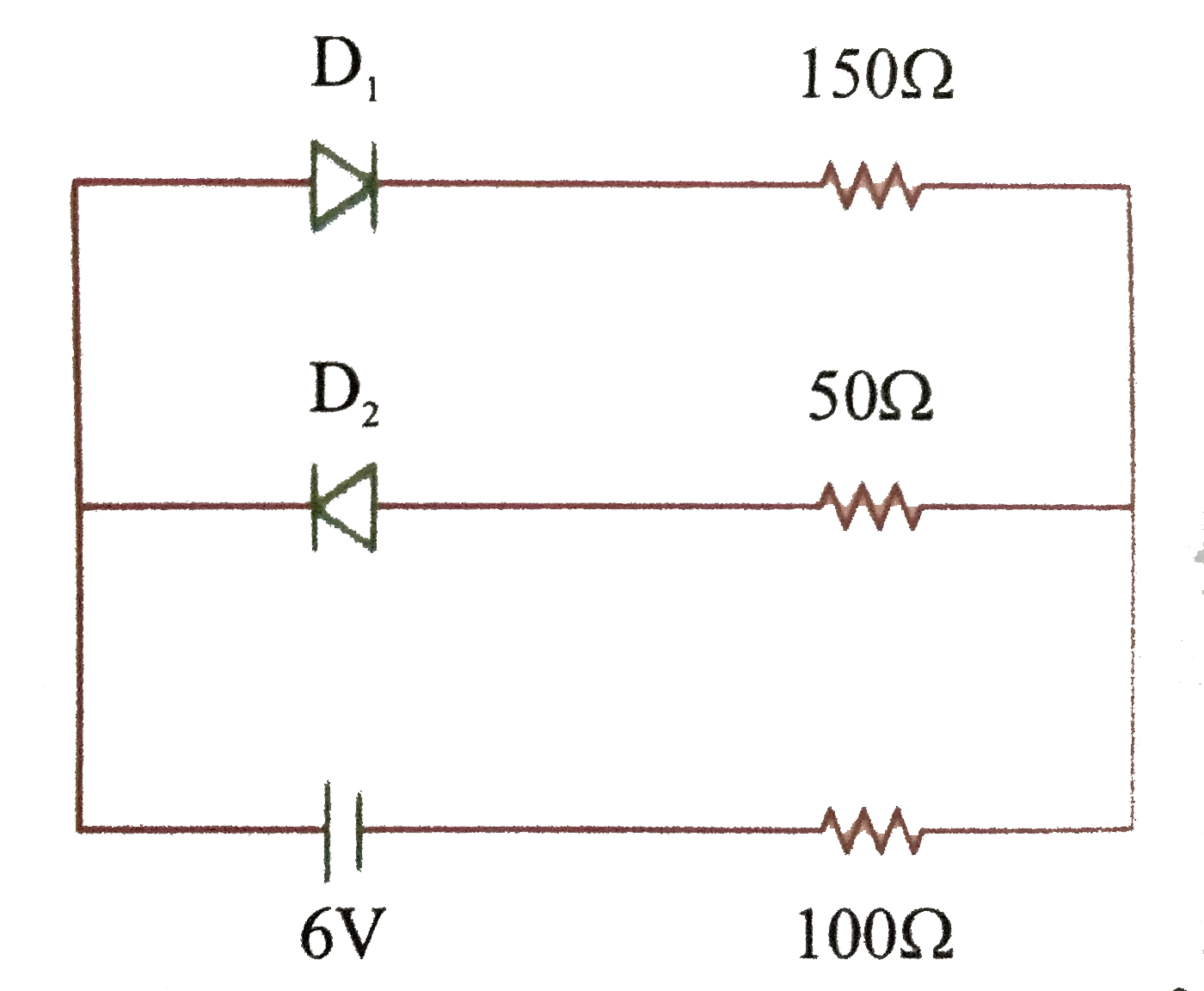 The circuit shown in figure (1) Contains two diodes each with a forward resistance of 50 ohm and with infinite reverse resistance. If the battery voltage is 6 V, the current through the 100 ohm resistance is.   .