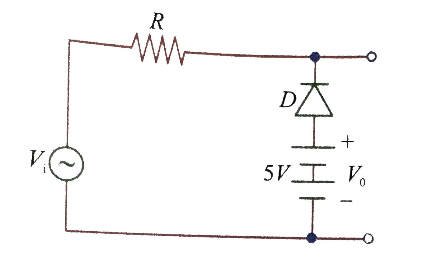 In the diagram D an ideal diode and an alternating voltage of peak value 10 V is connected as input V(1). Which of the following diagram represents the correct wavelength of output voltage V(theta) ?   .