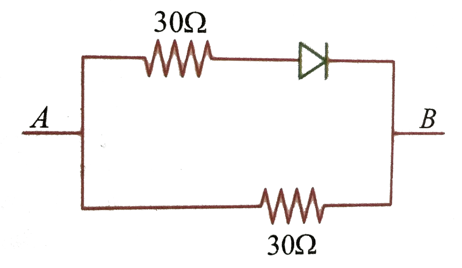 V(A) and V(B) denote potential of A and B, then the equivalent resistance between A and B in the adjoining circuit is (ideal diode).   .