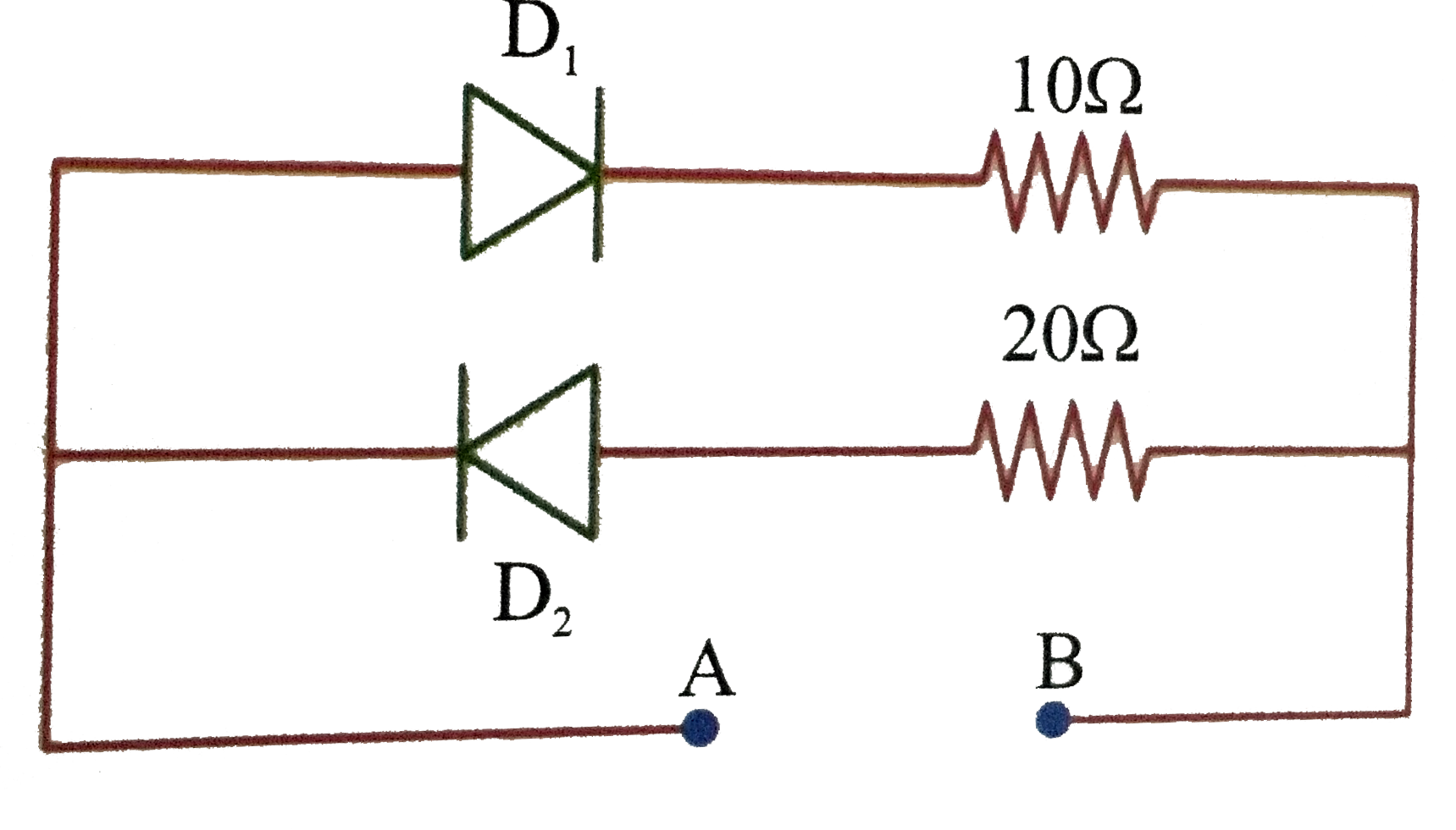 Two ideal junction diodes D(1),D(2) are connected as shown in the figure. A 3V battery is connected between A and B. The current supplied by the battery if its positive terminal is connected to A is   .