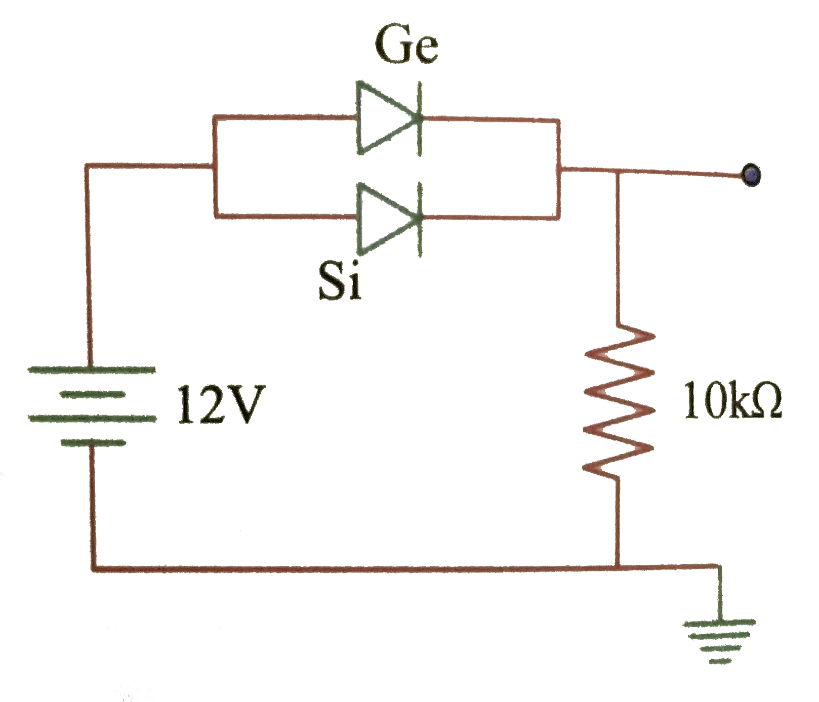 Two junction  diodes, one of germanium (Ge) and other of silicon (Si) are connected as shown in fig to a battery of 12 V and a load resistance 10 kOmega. The germanium diode conducts at 0.3 V and silicon diode at 0.7 V. When current flows in the circuit, the potential of terminal Y will be   .