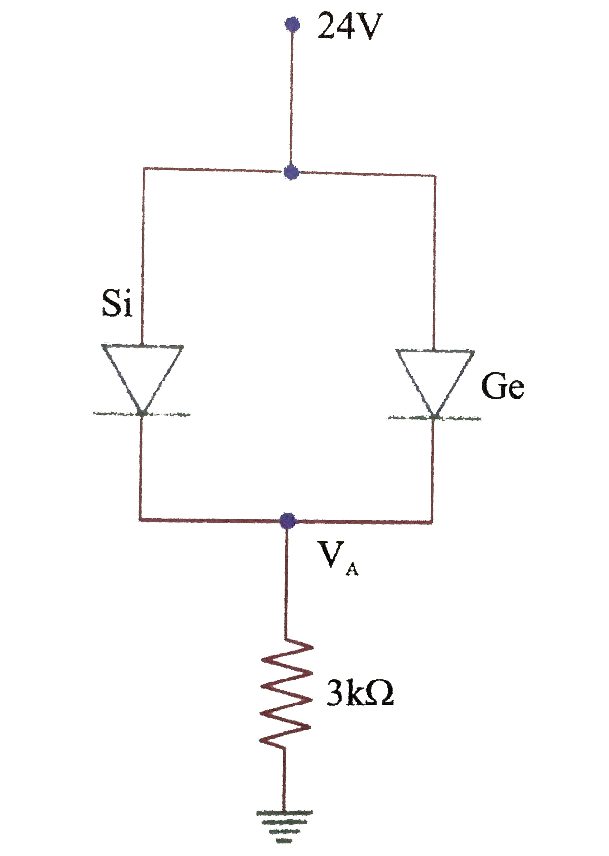Find the voltage V(A) in the curcuit shown in figure. The potential barrier for Ge is 0.3 V and for Si is 0.7 V   .