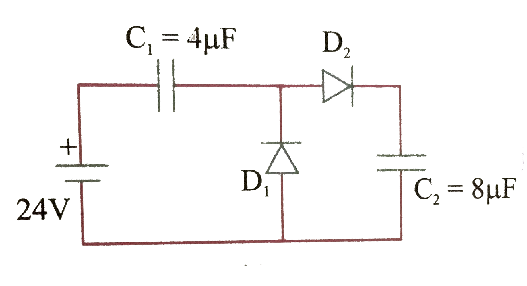 In the circuit shown. The potential drop across each capacitor is (assuming the two diodes are ideal).   .