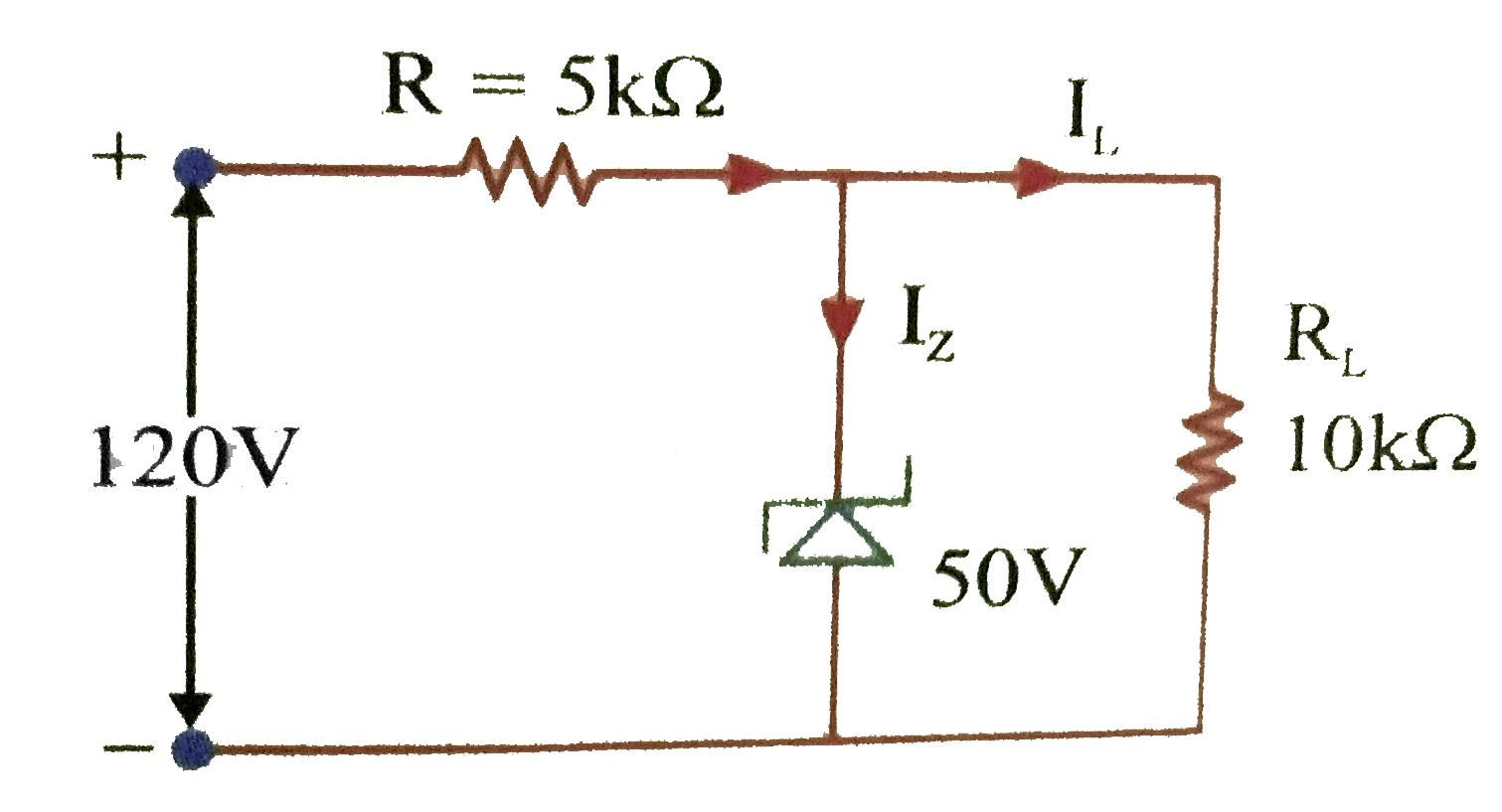 For the circuit shown in figure, Find   (1) the output voltage ,   (2) the voltage drop across series resistance ,   (3) the current through Zener diode.    .