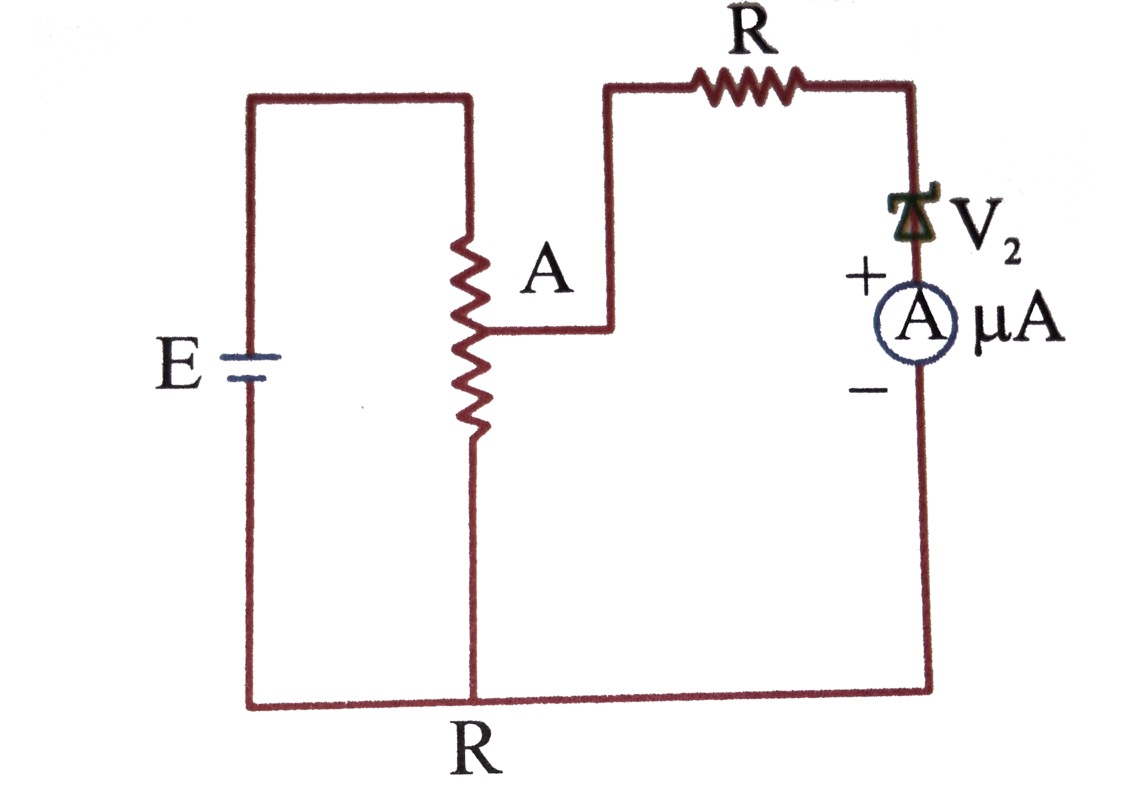Zenar diode is operating the reverse bias the breakdown region for which the circuit diagram is as shown in the figure here take V(z)=7V and R=10KOmega For porential differe is equal to 8v across AD. What is the current through micrometer