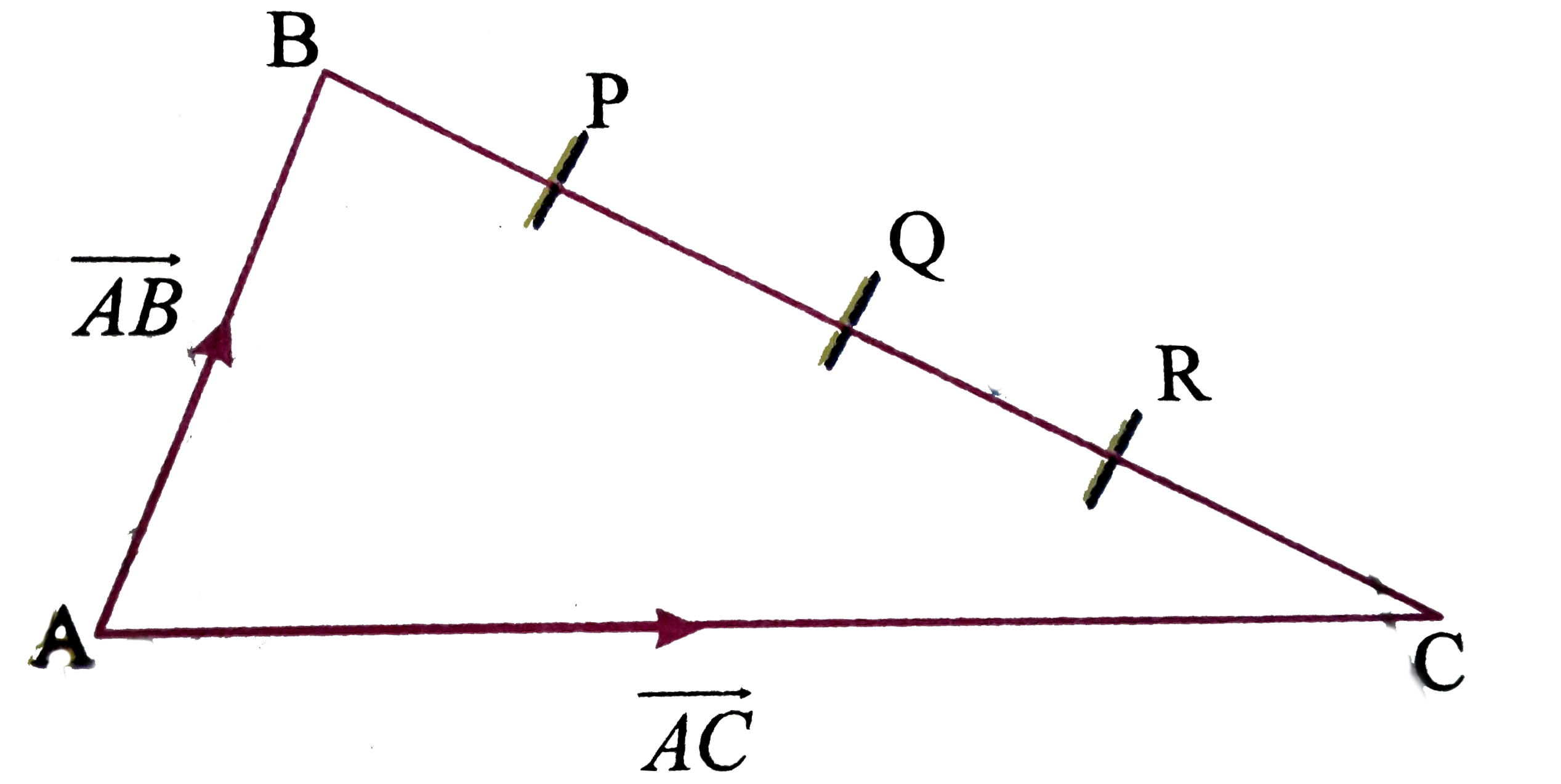 BC is divided into four equal parts by P,Q and R.The resultant of vec(AB) and 3vec(AC) is