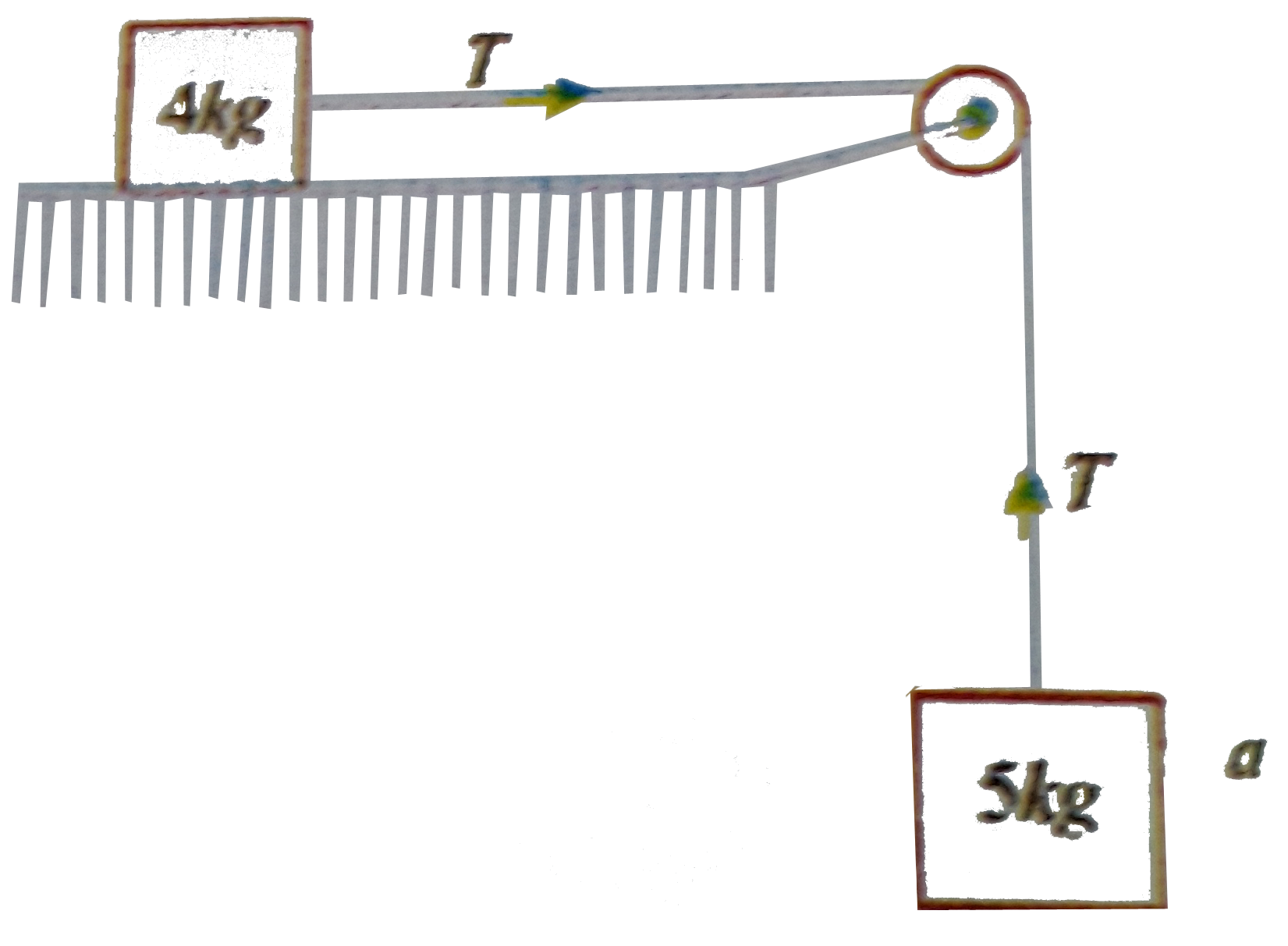 Two bodies of masses 5kg and 4kg are tied to a string as shown If the table and pulley are smooth, then acceleration of 5kg mass will be    .