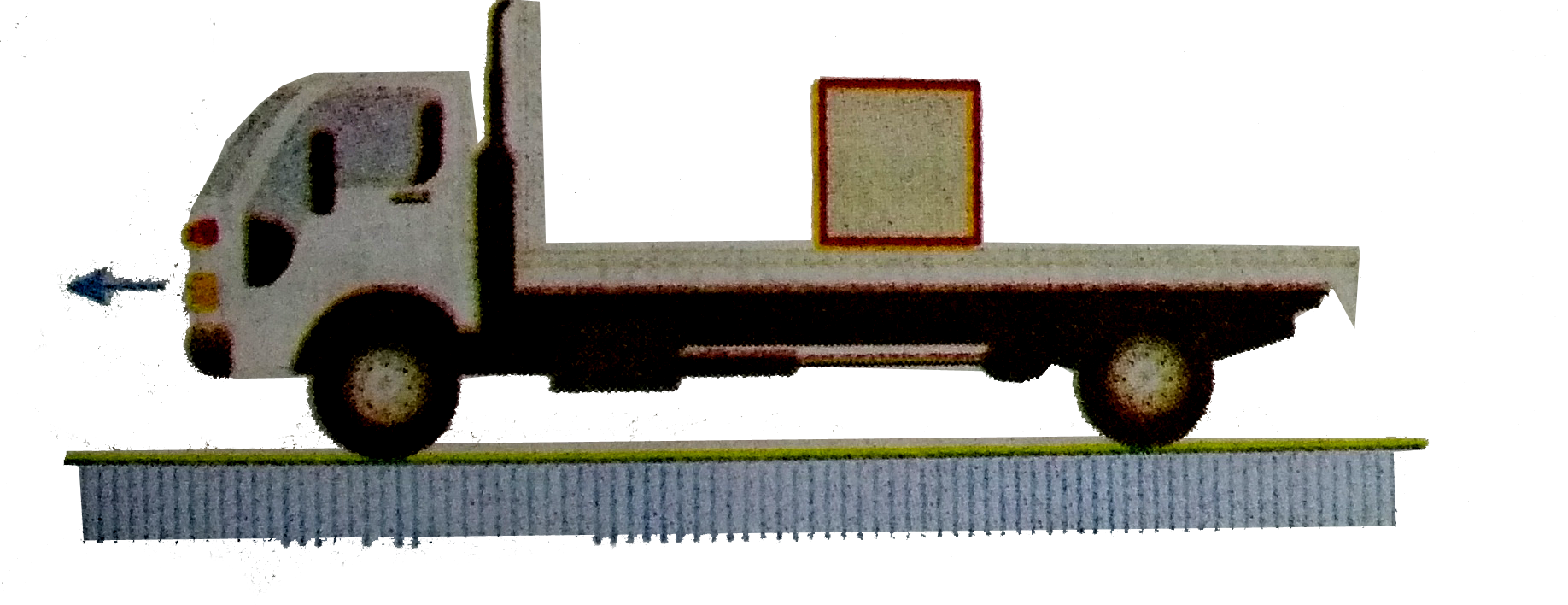 The rear side of a truck is open A box of 40kg mass is placed 5m away from the open end as shown in The coefficient of friction between the box and the surface is 0.15. On a straight road, the truck starts from rest and accelerating with 2m//s^(2). At what dis tance from the starting point does the box distance from the starting point does the box fall from the truck? (Ignore the size of the box)    .