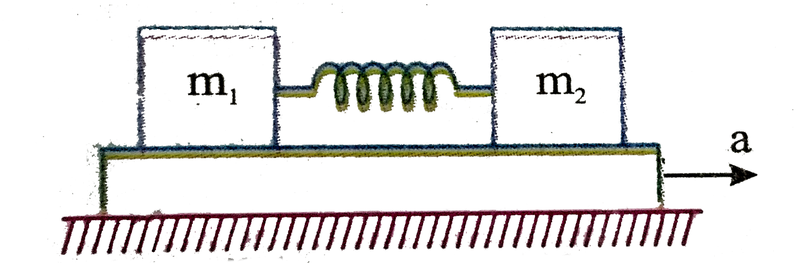Two block of masses m1 and m2 are connected with a massless unstretched spring and placed over a plank moving with an acceleration 'a' as shown in figure. The coefficient of friction between the blocks and platform is mu