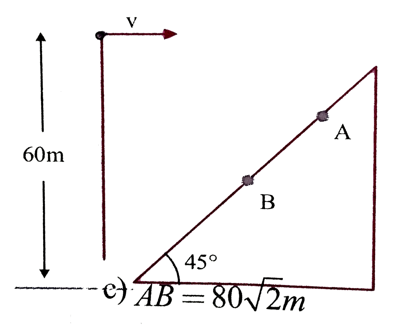 A particle is to be projected horizontally with velocity v from a point P, which is 60 m above the foot of a plane inclined at angle 45^(@) with horizontal as shown in figure. The particle hits the plane perpendicularly at A. After rebound from inlined plane it again hits at B. If coefficient of restitution between particles and plane is (1)/(sqrt(2)) then,