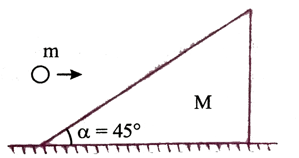 A small particle of mass m = 2 kg moving with constant horizontal velocity u = 10 m//s strikes a wedge shaped block of mass M = 4 kg placed on smooth horizontal surface on its inclined surface as shown in figure. After collision particle starts moving up the inclined plane. Calculate the velocity of wedge immediately after collision.