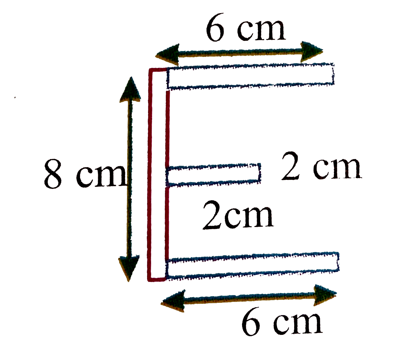 The co-ordinates of centre of mass of letter E which is cut from a uniform metal sheet are (take origin at bottom left corner and width of letter 2 cm every where)