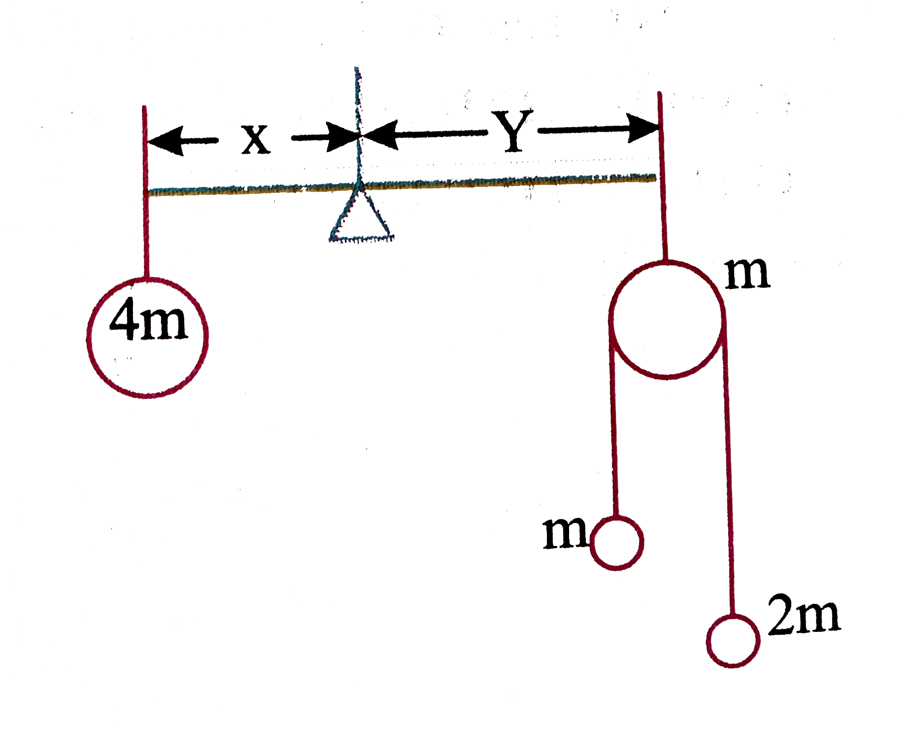 A rigid massless beam is balanced by a particle of mass 4m in left hand side and a pulley particle system in right hand side. The value of x/y is