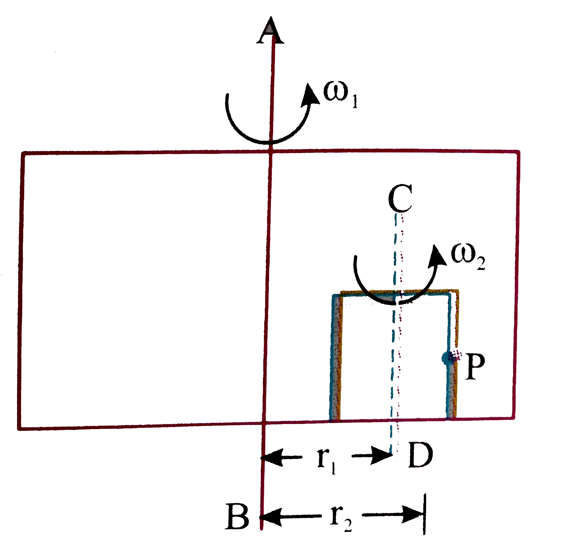 A large rectangular box has been rotated with a constant angular velocity omega(1) about its axis as shown in the figure. Another small box kept inside the bigger box is rotated in the same sense with angular velocity omega(2) about its axis (which is fixed to floor of bigger box). A particle P has been identified, its angular velocity about AB would be