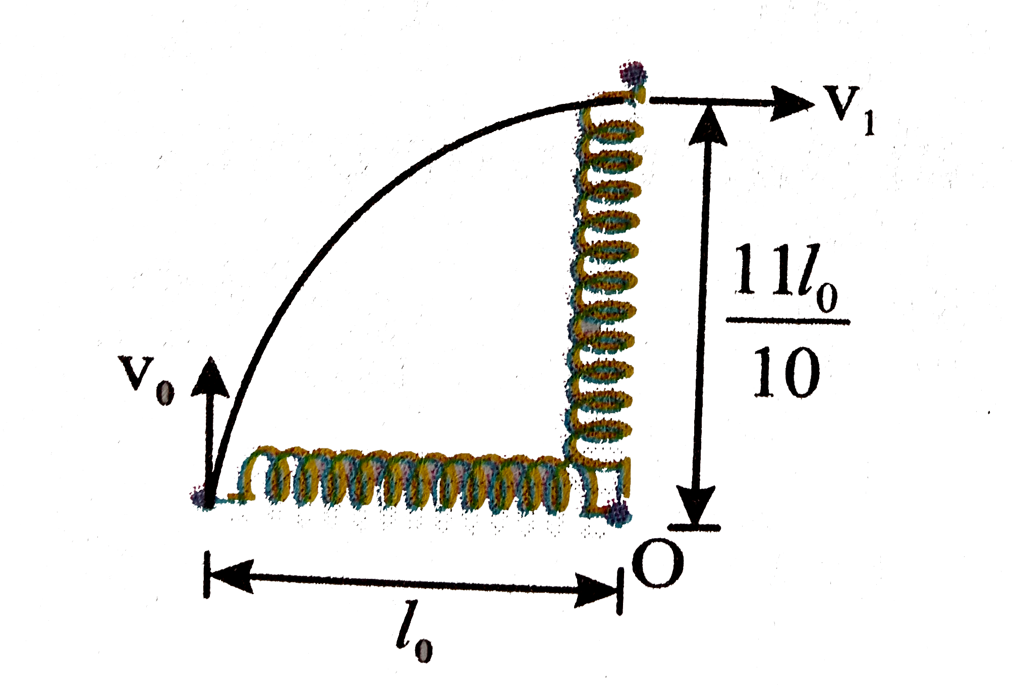 One end of an ideal spring of unstreched length l(O)=1m, is fixed on a frictionless horizontal table. The other end has a small disc of mass 0.1 kg attached to it. The disc is projected with a velocity upsilon(0)=11 m//s perpendicular to the spring.      Choose the correct statements