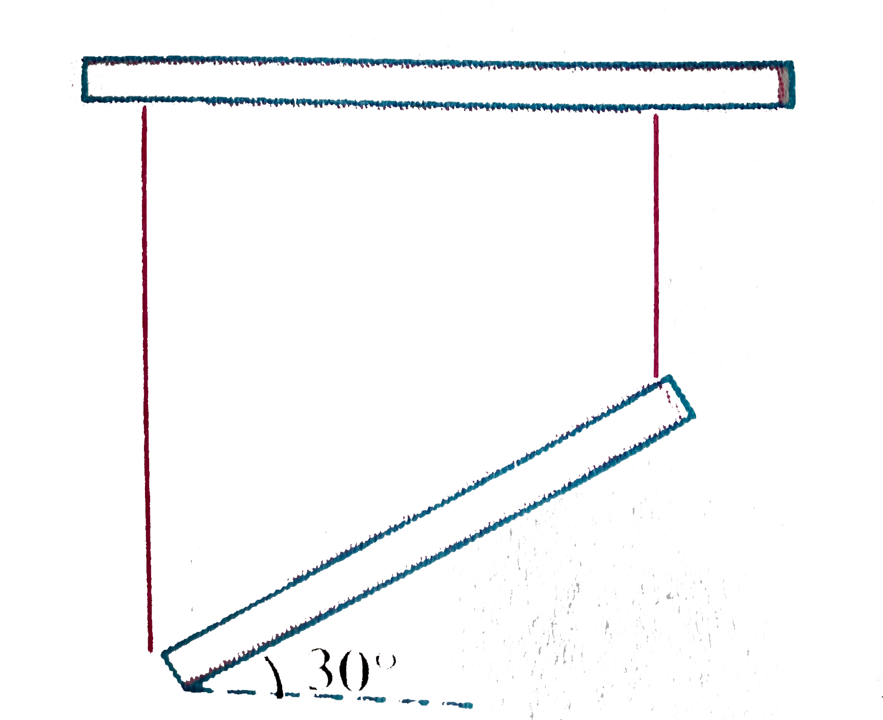 A thin  uniform bar of mass m and length 2L is held at angle 30^(@) with the horizontal by means of two vertical inextensible strings, at each and as shown in figure. If the string at the right end breaks, leaving the bar to swing immediately after string breaks is