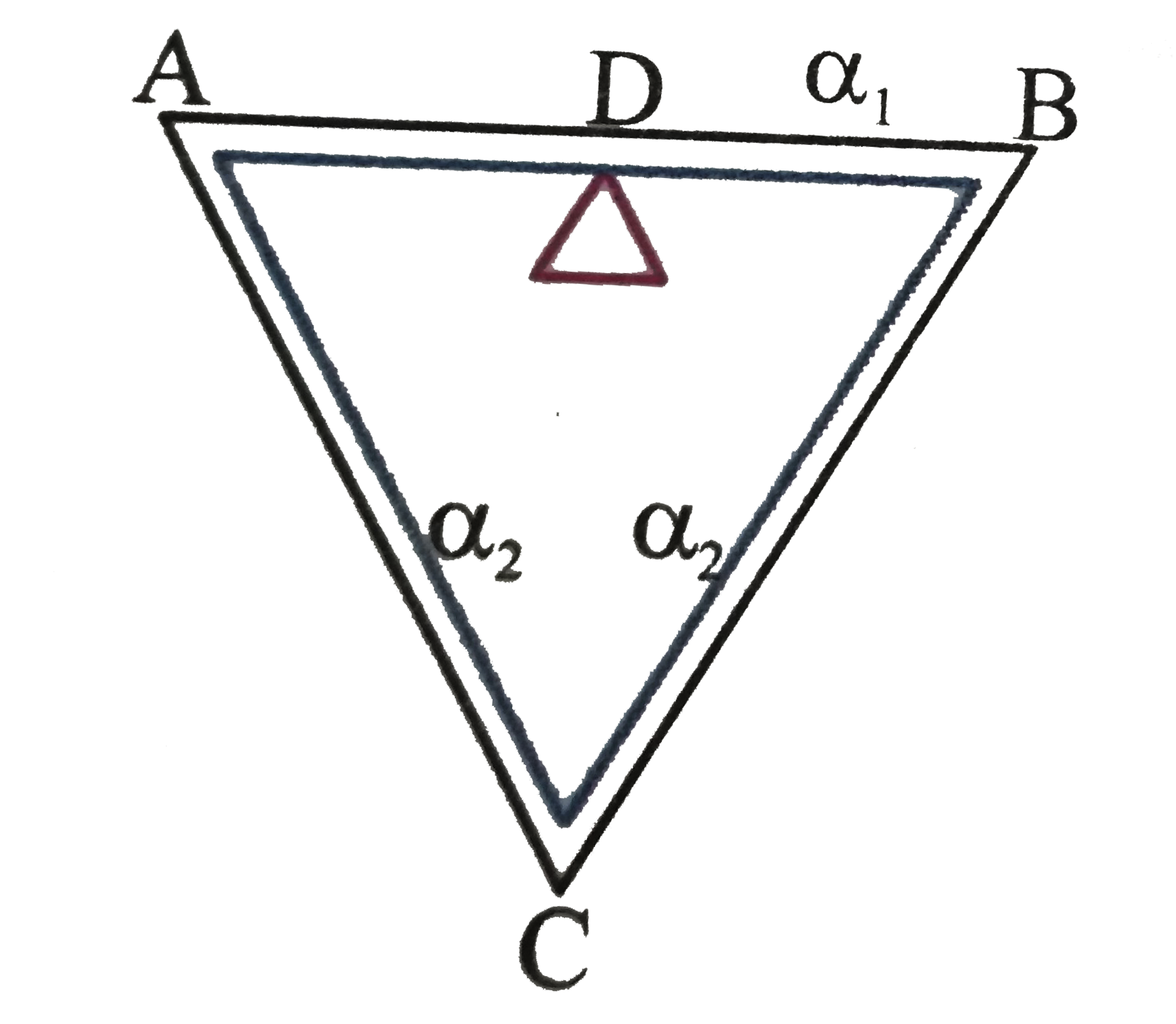 An equilateral triangle ABC is formed by joining three rods of equal length and D is the mid-point of AB. The coefficient of linear expansion for AB is alpha(1) and for AC and BC is alpha(2). The relation between alpha(1) and alpha(2), if distance DC remains constant for small changes in temperture is
