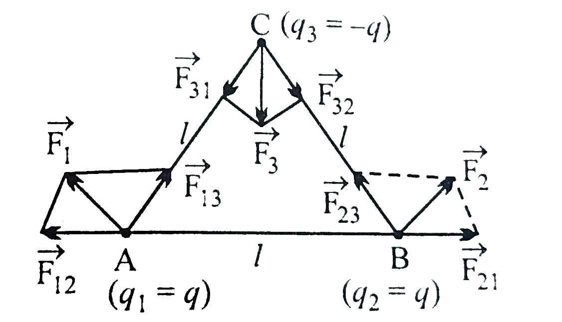 चित्र में दर्शाए अनुसार किसी समबाहु त्रिभुज के शीर्षो पर स्थित आवेशों q ,q तथा -q पर विचार कीजिए । प्रत्येक आवेश पर कितना बल लग रहा है ? त्रिभुज की प्र्तेक आवेश पर कितना बल लग रहा है ? त्रिभुज की प्रत्येक भुजा की लम्बाई l है ।