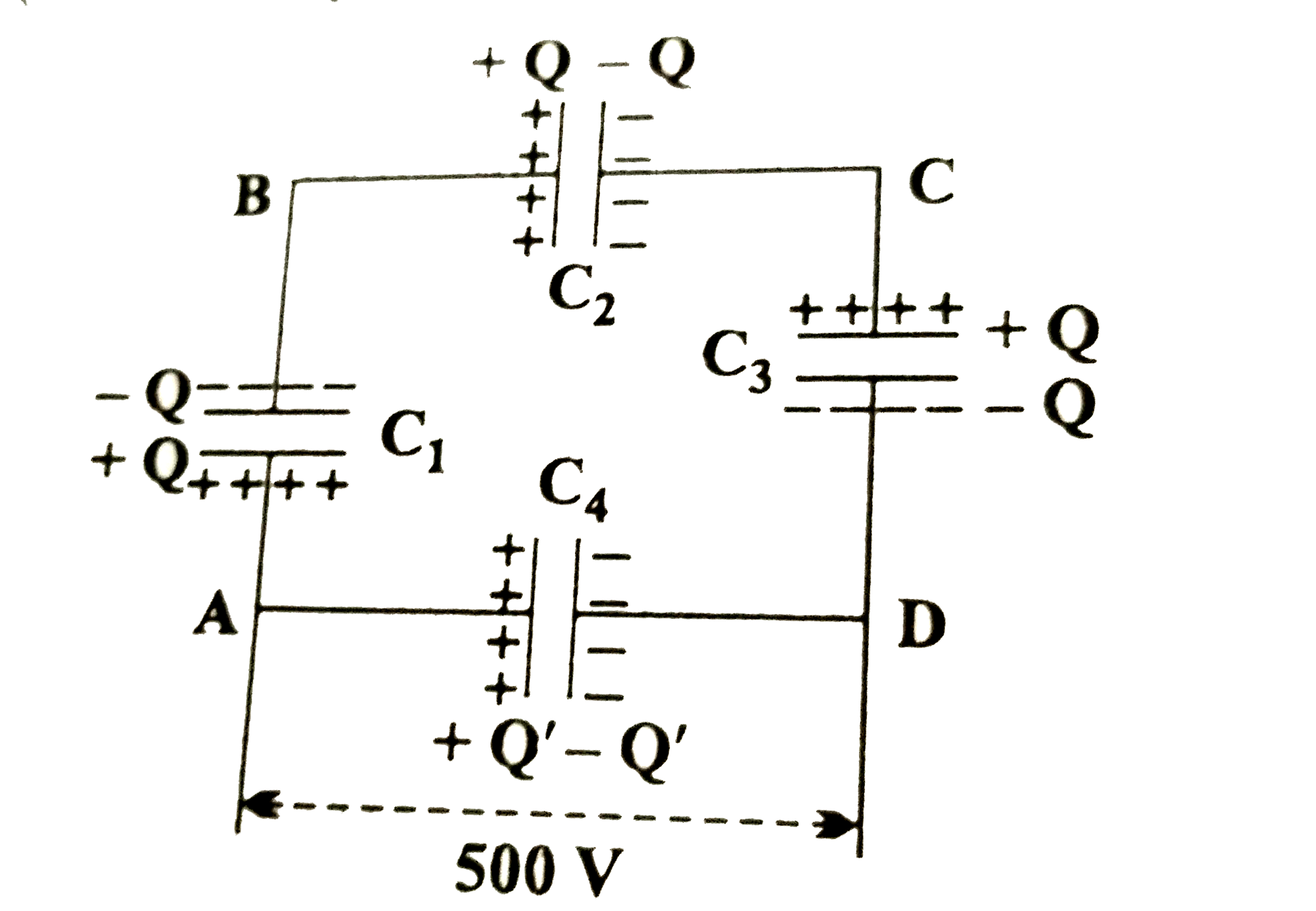 चित्र में दर्शाइए अनुसार 10muF के चार संधारित्रों के किसी नेटवर्क को 500 V के स्त्रोत्र से सयोजित किया गया है   प्रत्येक संधारित पर आवेश ज्ञात कीजिये।