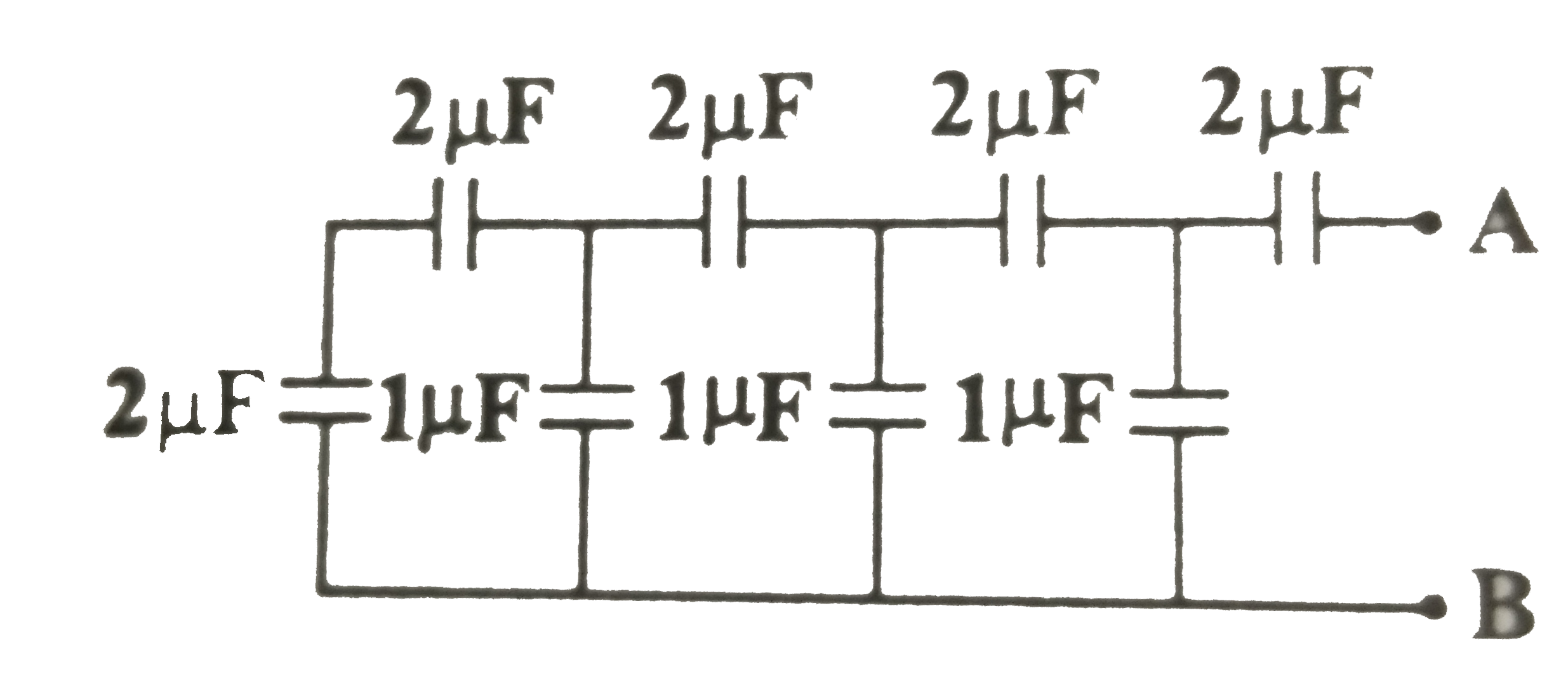 निम्न परिपथ में A और B के बिच तुल्य धारिता ज्ञात कीजिये