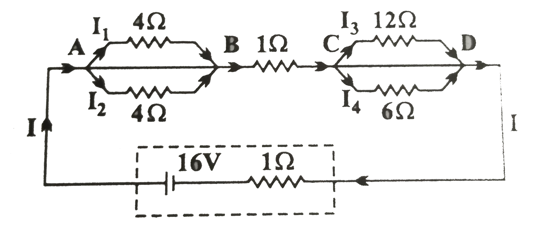 चित्र में दिखाए गए अनुसार 1Omega आंतरिक प्रतिरोध के 16V की एक बैटरी से एक नेटवर्क को जोड़ा गया है।      नेटवर्क का तुल्य प्रतिरोध परिकलित कीजिए।