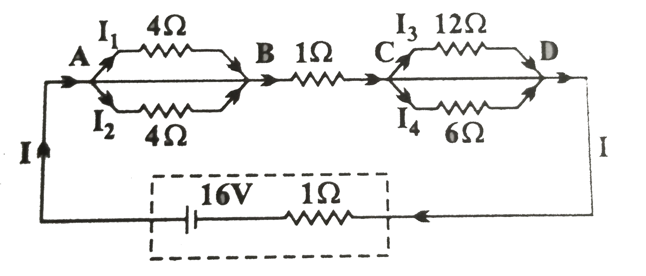 चित्र में दिखाए गए अनुसार 1Omega आंतरिक प्रतिरोध के 16V की एक बैटरी से एक नेटवर्क को जोड़ा गया है।      प्रत्येक प्रतिरोधक में धारा का मान ज्ञात कीजिए।
