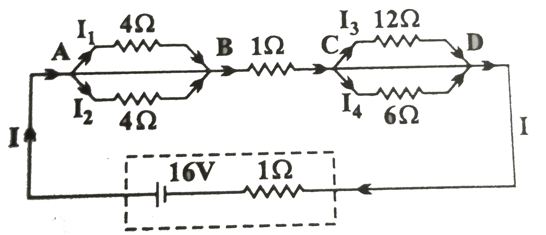 चित्र में दिखाए गए अनुसार 1Omega आंतरिक प्रतिरोध के 16V की एक बैटरी से एक नेटवर्क को जोड़ा गया है।      वोल्टता पात V(AB),V(BC) तथा V(CD) ज्ञात कीजिए।