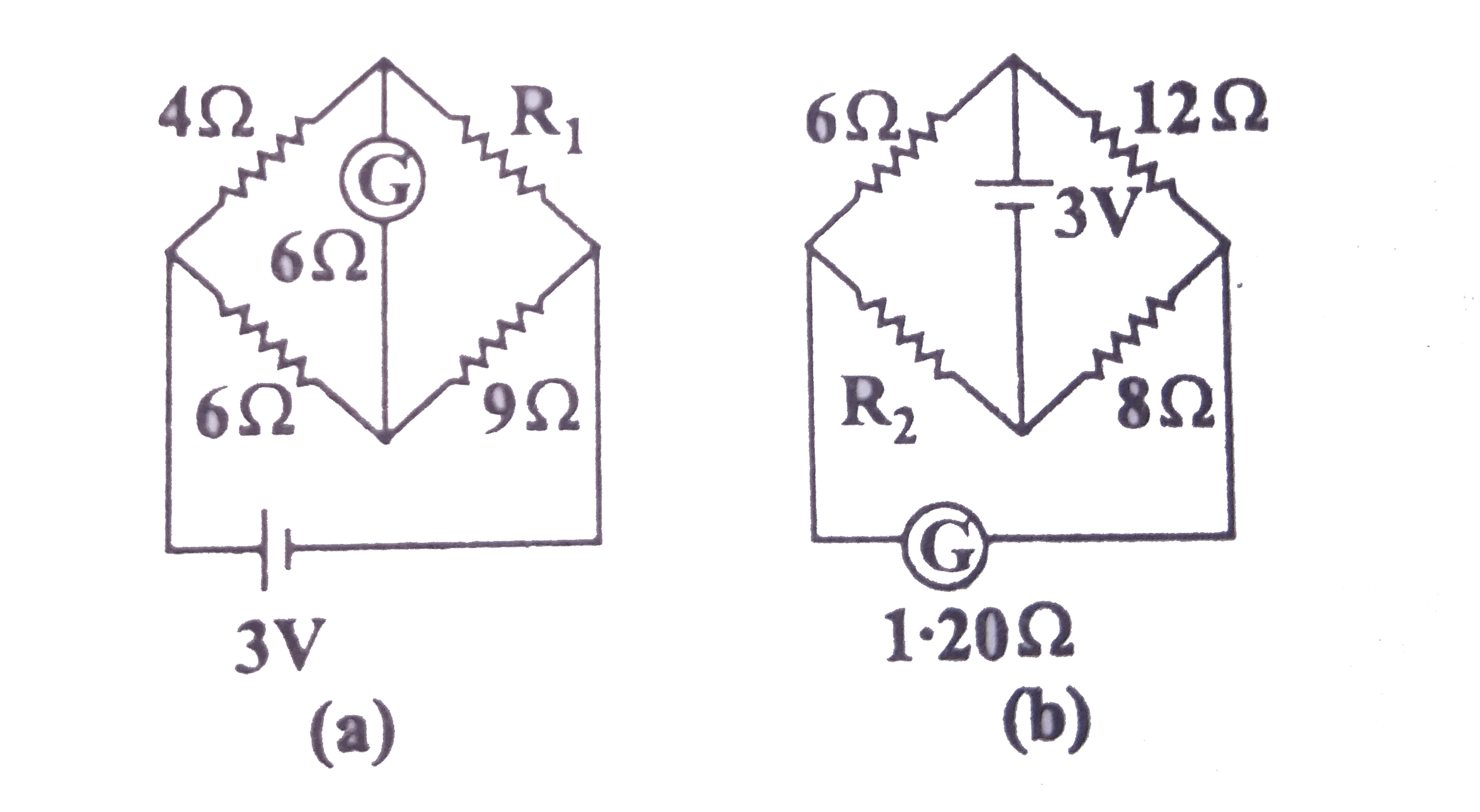 नीचे दो परिपथ प्रदर्शित किय गए है जिनमे से प्रत्येक में एक धारामापी और 3V की बैटरी जुडी है। यदि प्रत्येक व्यवस्था में धारामापी में विक्षेप शून्य हो तो (R(1))/(R(2)) का अनुपात ज्ञात कीजिए।