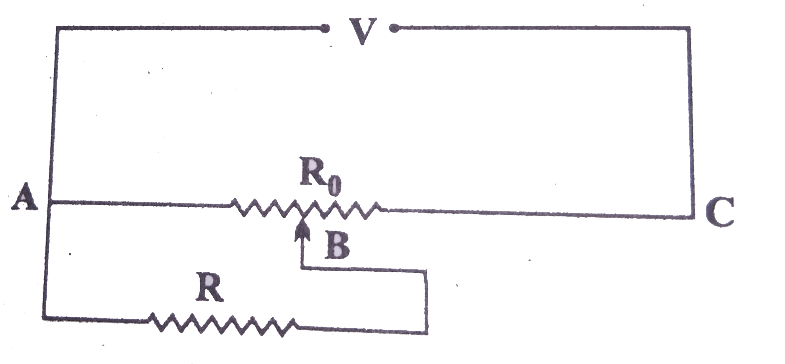 ROmega का कोई प्रतिरोध एक विभवमापी से विद्युत धारा प्राप्त कर रहा है। विभवमापी का कुल प्रतिरोध R(0)Omega है। विभवमापी को वोल्टता V की आपूर्ति की गई है। जब सर्पी सम्पर्क (सरकने वाला भाग या स्लाइड) विभवमापी के तार के मध्य में हो R के सिरों पर वोल्टता के लिए व्यंजक प्राप्त कीजिए।